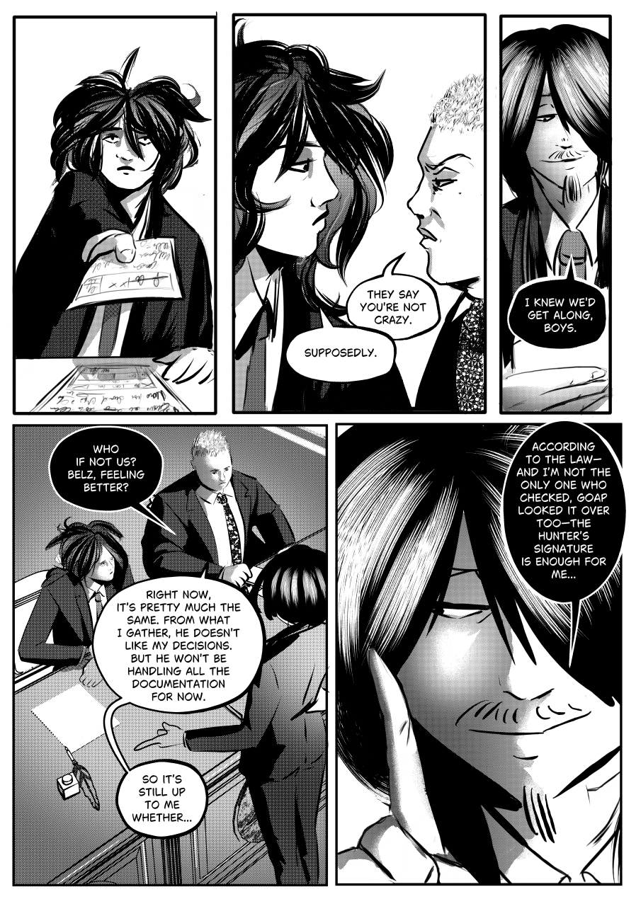 Visual Content and Narrative Context: A high-contrast black-and-white comic page from "The Invitation" depicting a bureaucratic confrontation involving Mefisto, Belz (Beelzebub), and Otto. Top Left Panel: A disheveled, youthful-looking Belz (Beelzebub) holds up a document with a weary expression. Top Center Panel: Otto stares at Belz, remarking, "They say you're not crazy," to which Belz dryly responds, "Supposedly". Top Right Panel: Mefisto watches the interaction with a smug, satisfied smirk, stating, "I knew we'd get along, boys". Bottom Left Panel: A wide shot of the office where Mefisto addresses the group, asking if Belz is "feeling better" while noting that Belz won't be handling documentation for now. Bottom Right Panel: A close-up of Mefisto reveals his sinister plan; he notes that according to the law—and verified by Goap—the Hunter's signature is all the authority he needs to maintain control. Full Dialogue Transcription: Otto (Top Center): "THEY SAY YOU'RE NOT CRAZY." Belz (Top Center): "SUPPOSEDLY." Mefisto (Top Right): "I KNEW WE'D GET ALONG, BOYS." Mefisto (Bottom Left): "WHO IF NOT US? BELZ, FEELING BETTER?" Belz (Bottom Left): "RIGHT NOW, IT'S PRETTY MUCH THE SAME. FROM WHAT I GATHER, HE DOESN'T LIKE MY DECISIONS. BUT HE WON'T BE HANDLING ALL THE DOCUMENTATION FOR NOW." Mefisto (Bottom Left): "SO IT'S STILL UP TO ME WHETHER..." Mefisto (Bottom Right): "ACCORDING TO THE LAW—AND I'M NOT THE ONLY ONE WHO CHECKED, GOAP LOOKED IT OVER TOO—THE HUNTER'S SIGNATURE IS ENOUGH FOR ME..."