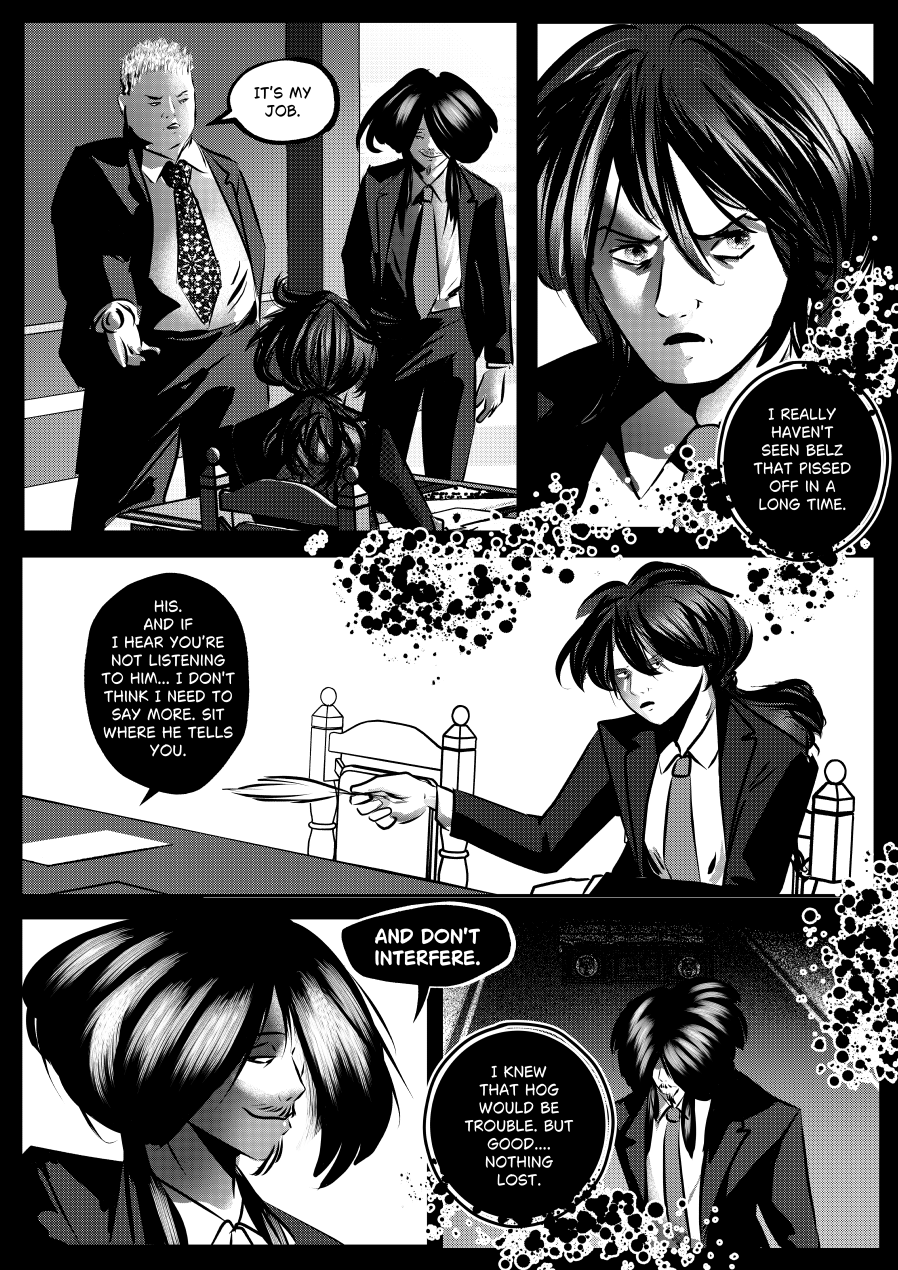 Visual Content and Narrative Context: A high-contrast black-and-white comic page from "The Invitation" showing the aftermath of a confrontation involving Mefisto, Otto, and a visibly angry Belz (Beelzebub). Top Left Panel: Otto stands at a desk, stating "It's my job" while Mefisto watches him with a smug, knowing smile. Top Right Panel: A close-up of a character with long dark hair looking intensely shocked or fearful, noting that they "really haven't seen Belz that pissed off in a long time". Middle Panel: The dark-haired character sits at the desk, holding a quill pen, while a voice (presumably Mefisto) warns them to listen to Belz and "sit where he tells you". Bottom Panels: Mefisto walks away into the shadows with a self-satisfied expression, thinking to himself that while "that hog" (Otto) would be trouble, "nothing lost" in the end. Full Dialogue Transcription: Otto (Top Left): "IT'S MY JOB." Character (Top Right): "I REALLY HAVEN'T SEEN BELZ THAT PISSED OFF IN A LONG TIME." Mefisto (Middle Left): "HIS. AND IF I HEAR YOU'RE NOT LISTENING TO HIM... I DON'T THINK I NEED TO SAY MORE. SIT WHERE HE TELLS YOU. AND DON'T INTERFERE." Mefisto (Bottom Right): "I KNEW THAT HOG WOULD BE TROUBLE. BUT GOOD... NOTHING LOST."