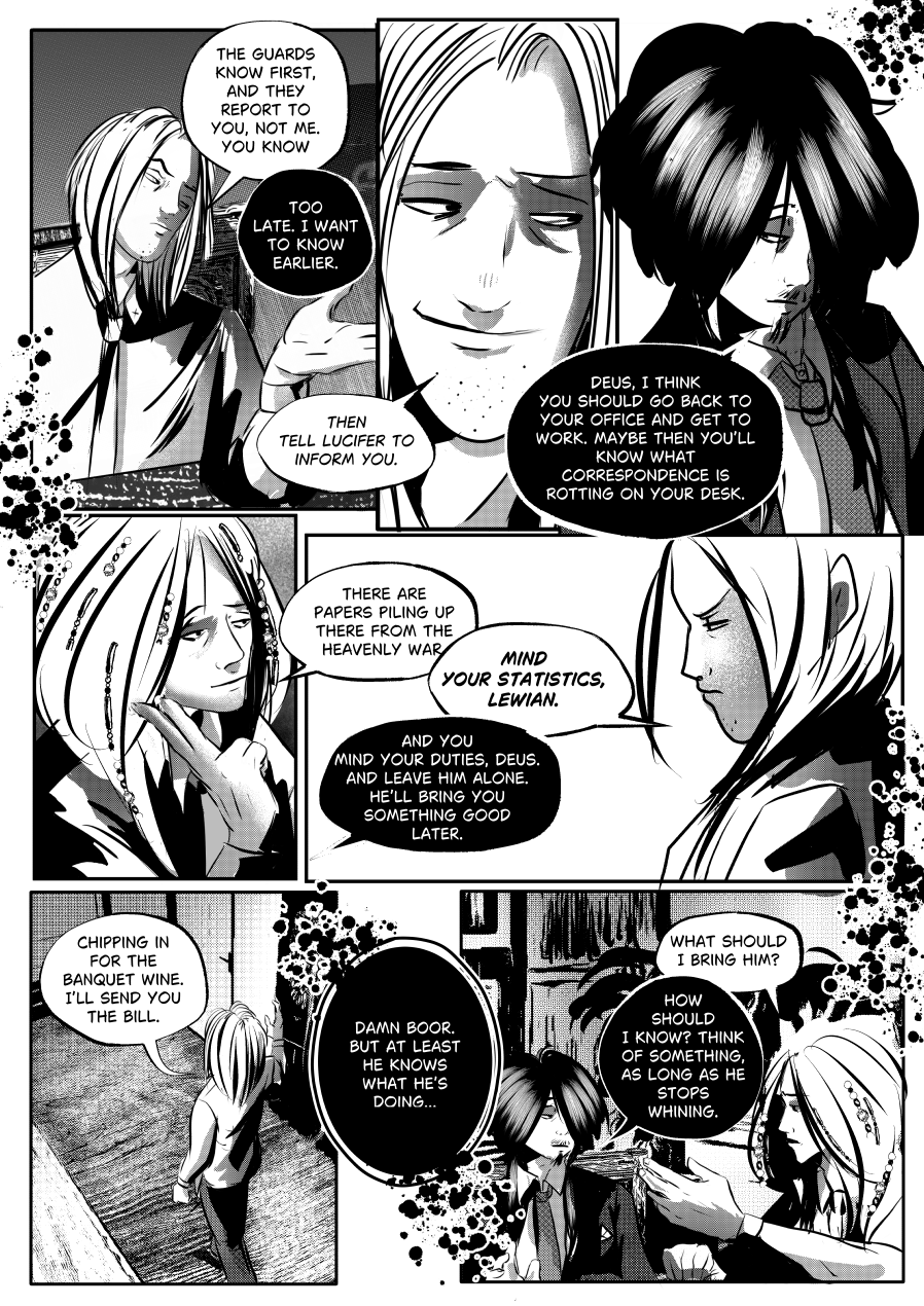Visual Content and Narrative Context: A high-contrast black-and-white comic page from "The Invitation" depicting a power-play dialogue between Mefisto, Asmodeus (Deus), and Lewian. Top Panels: Asmodeus argues that guards report to him first, but Mefisto dismissively demands to be informed earlier, suggesting Asmodeus tell Lucifer to inform him instead. Middle Right Panel: Mefisto sharply tells Asmodeus to return to his office and deal with the "correspondence rotting on [his] desk". Middle Left Panel: Lewian notes that papers are piling up regarding the Heavenly War, while Mefisto warns him to "Mind your statistics, Lewian". Bottom Panels: Asmodeus leaves to chip in for banquet wine, while Mefisto calls him a "damn boor" but acknowledges he "knows what he's doing". Mefisto and Lewian conclude by discussing how to stop Asmodeus from "whining". Full Dialogue Transcription: Asmodeus (Top Left): "THE GUARDS KNOW FIRST, AND THEY REPORT TO YOU, NOT ME. YOU KNOW—" Mefisto (Top Center): "TOO LATE. I WANT TO KNOW EARLIER." Asmodeus (Top Center): "THEN TELL LUCIFER TO INFORM YOU." Mefisto (Top Right): "DEUS, I THINK YOU SHOULD GO BACK TO YOUR OFFICE AND GET TO WORK. MAYBE THEN YOU'LL KNOW WHAT CORRESPONDENCE IS ROTTING ON YOUR DESK." Lewian (Middle Left): "THERE ARE PAPERS PILING UP THERE FROM THE HEAVENLY WAR." Mefisto (Middle Center): "MIND YOUR STATISTICS, LEWIAN. AND YOU MIND YOUR DUTIES, DEUS. AND LEAVE HIM ALONE. HE'LL BRING YOU SOMETHING GOOD LATER." Asmodeus (Bottom Left): "CHIPPING IN FOR THE BANQUET WINE. I'LL SEND YOU THE BILL." Mefisto (Bottom Center): "DAMN BOOR. BUT AT LEAST HE KNOWS WHAT HE'S DOING..." Lewian (Bottom Right): "WHAT SHOULD I BRING HIM?" Mefisto (Bottom Right): "HOW SHOULD I KNOW? THINK OF SOMETHING, AS LONG AS HE STOPS WHINING."