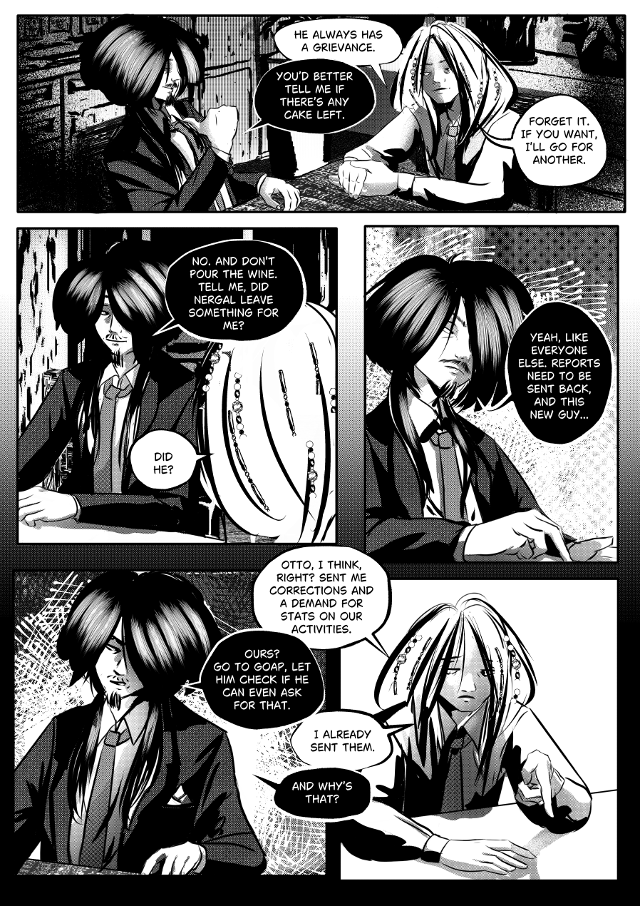 Visual Content and Narrative Context: A high-contrast black-and-white comic page from "The Invitation" where Mefisto and Lewian discuss the ongoing administrative friction with Otto and Nergal. Top Panels: Mefisto and Lewian sit at a table; Mefisto asks if there is "any cake left" while Lewian offers to get another one. Middle Panels: Mefisto declines more wine and asks if Nergal left anything for him; Lewian confirms that reports need to be sent back and mentions a "new guy". Bottom Panels: Lewian reveals that Otto sent "corrections and a demand for stats on our activities". Mefisto dismissively tells Lewian to go to Goap to check if Otto even has the legal authority to ask for such data. Full Dialogue Transcription: Mefisto (Top Left): "HE ALWAYS HAS A GRIEVANCE. YOU'D BETTER TELL ME IF THERE'S ANY CAKE LEFT." Lewian (Top Right): "FORGET IT. IF YOU WANT, I'LL GO FOR ANOTHER." Mefisto (Middle Left): "NO. AND DON'T POUR THE WINE. TELL ME, DID NERGAL LEAVE SOMETHING FOR ME? DID HE?" Lewian (Middle Right): "YEAH, LIKE EVERYONE ELSE. REPORTS NEED TO BE SENT BACK, AND THIS NEW GUY..." Lewian (Bottom Right): "OTTO, I THINK, RIGHT? SENT ME CORRECTIONS AND A DEMAND FOR STATS ON OUR ACTIVITIES." Mefisto (Bottom Left): "OURS? GO TO GOAP, LET HIM CHECK IF HE CAN EVEN ASK FOR THAT. I ALREADY SENT THEM. AND WHY'S THAT?"