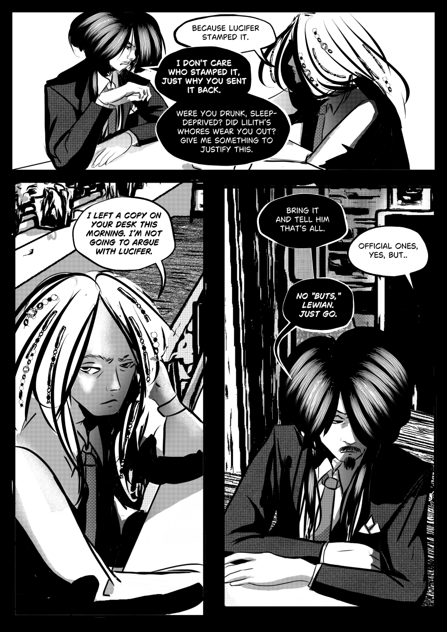 Visual Content and Narrative Context: A high-contrast black-and-white comic page from "The Invitation" featuring a sharp disagreement between Mefisto and Lewian regarding official paperwork stamped by Lucifer. Top Panels: Mefisto aggressively questions Lewian about why a document was sent back; Lewian simply replies, "Because Lucifer stamped it". Mefisto retort is crude, asking if Lewian was "drunk, sleep-deprived" or if "Lilith's whores" wore him out. Bottom Left Panel: Lewian leans back with a weary expression, stating he left a copy on Mefisto's desk and that he is "not going to argue with Lucifer". Bottom Right Panel: Mefisto shuts down the conversation, telling Lewian to "just go" and ignoring Lewian's attempts to mention "official" procedures. Full Dialogue Transcription: Lewian (Top Center): "BECAUSE LUCIFER STAMPED IT." Mefisto (Top Left): "I DON'T CARE WHO STAMPED IT, JUST WHY YOU SENT IT BACK." Mefisto (Top Center): "WERE YOU DRUNK, SLEEP-DEPRIVED? DID LILITH'S WHORES WEAR YOU OUT? GIVE ME SOMETHING TO JUSTIFY THIS." Lewian (Bottom Left): "I LEFT A COPY ON YOUR DESK THIS MORNING. I'M NOT GOING TO ARGUE WITH LUCIFER." Mefisto (Bottom Right): "BRING IT AND TELL HIM THAT'S ALL." Lewian (Bottom Right): "OFFICIAL ONES, YES, BUT.." Mefisto (Bottom Right): "NO 'BUTS,' LEWIAN. JUST GO."