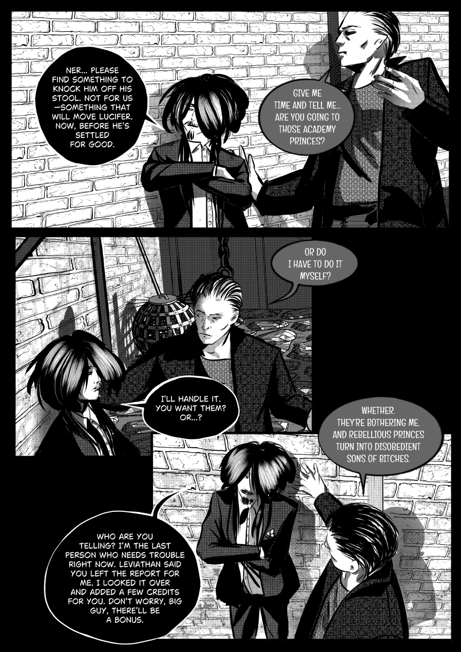 Visual Content and Narrative Context: A high-contrast black-and-white comic page from "The Invitation" featuring a clandestine meeting between Mefisto and Nergal against a brick wall background. Top Panels: Mefisto urges Nergal to find something to "knock him off his stool"—referring to a political rival—before they are settled for good. Nergal asks if Mefisto is going to deal with the "Academy Princes" himself. Middle Panel: Nergal offers to "handle it," asking Mefisto if he wants them specifically or something else. Bottom Panels: Mefisto explains that the "rebellious princes" are bothering him and turning disobedient. Nergal reveals he looked over a report left by Leviathan, added credits for Mefisto, and promises a "bonus". Full Dialogue Transcription: Mefisto (Top Left): "NER... PLEASE FIND SOMETHING TO KNOCK HIM OFF HIS STOOL. NOT FOR US — SOMETHING THAT WILL MOVE LUCIFER. NOW, BEFORE HE'S SETTLED FOR GOOD." Nergal (Top Right): "GIVE ME TIME AND TELL ME... ARE YOU GOING TO THOSE ACADEMY PRINCES?" Nergal (Middle Center): "OR DO I HAVE TO DO IT MYSELF?" Mefisto (Middle Left): "I'LL HANDLE IT. YOU WANT THEM? OR...?" Nergal (Bottom Right): "WHETHER. THEY'RE BOTHERING ME. AND REBELLIOUS PRINCES TURN INTO DISOBEDIENT SONS OF BITCHES." Nergal (Bottom Left): "WHO ARE YOU TELLING? I'M THE LAST PERSON WHO NEEDS TROUBLE RIGHT NOW. LEVIATHAN SAID YOU LEFT THE REPORT FOR ME. I LOOKED IT OVER AND ADDED A FEW CREDITS FOR YOU. DON'T WORRY, BIG GUY, THERE'LL BE A BONUS."