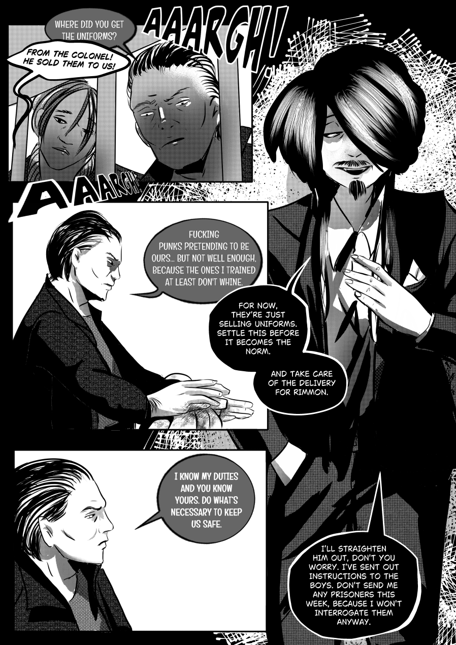 Visual Content and Narrative Context: A high-contrast black-and-white comic page from "The Invitation" where an interrogation reveals a conspiracy involving stolen uniforms and a black-market colonel. Top Panels: A prisoner behind bars confesses that the uniforms came from "the Colonel" who sold them. A scream of "AAARGH!" echoes through the chamber. Middle Panel: Mefisto dismisses the prisoners as "punks pretending to be ours" and notes they aren't trained well enough because they "whine". He instructs his associate to settle the uniform issue before it "becomes the norm" and to manage a delivery for Rimmon. Bottom Panels: Mefisto’s associate acknowledges their duties to keep the group safe. Mefisto concludes by stating he has sent out instructions and refuses to take any more prisoners this week, as he has no intention of interrogating them. Full Dialogue Transcription: Interrogator (Top Left): "WHERE DID YOU GET THE UNIFORMS?" Prisoner (Top Left): "FROM THE COLONEL! HE SOLD THEM TO US!" Sound Effect: "AAARGH!" Mefisto (Middle Right): "FUCKING PUNKS PRETENDING TO BE OURS... BUT NOT WELL ENOUGH. BECAUSE THE ONES I TRAINED AT LEAST DON'T WHINE." Mefisto (Middle Right): "FOR NOW, THEY'RE JUST SELLING UNIFORMS. SETTLE THIS BEFORE IT BECOMES THE NORM. AND TAKE CARE OF THE DELIVERY FOR RIMMON." Associate (Bottom Left): "I KNOW MY DUTIES AND YOU KNOW YOURS. DO WHAT'S NECESSARY TO KEEP US SAFE." Mefisto (Bottom Right): "I'LL STRAIGHTEN HIM OUT, DON'T YOU WORRY. I'VE SENT OUT INSTRUCTIONS TO THE BOYS. DON'T SEND ME ANY PRISONERS THIS WEEK, BECAUSE I WON'T INTERROGATE THEM ANYWAY."