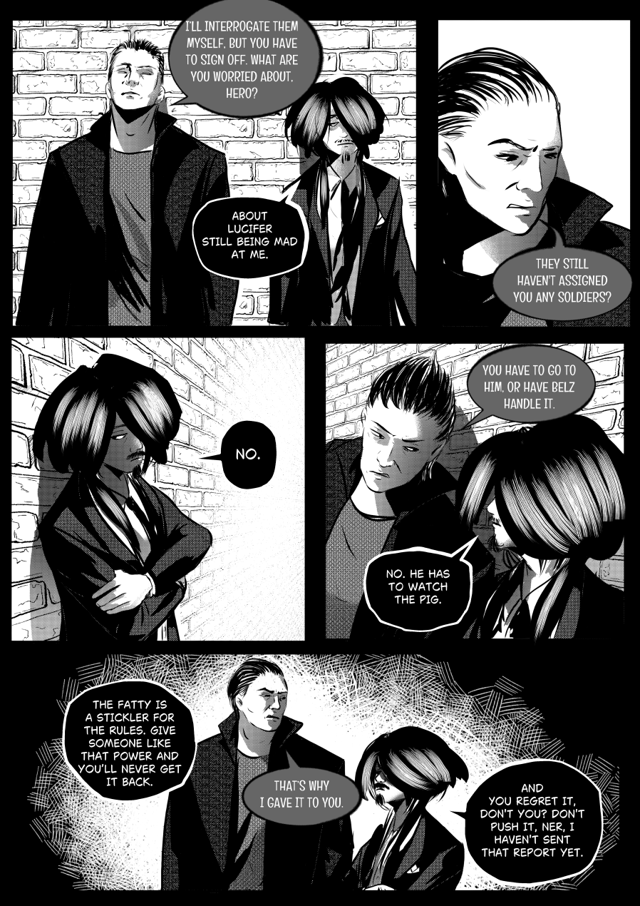 Visual Content and Narrative Context: A high-contrast black-and-white comic page from "The Invitation" featuring a tense dialogue between Mefisto and Nergal regarding their standing with Lucifer. Top Panels: Nergal tells Mefisto he will handle an interrogation himself but needs Mefisto to "sign off," mockingly asking what the "Hero" is worried about. Mefisto admits he is concerned about "Lucifer still being mad" at him. Middle Panels: Nergal notes that Mefisto still hasn't been assigned any soldiers and suggests he should go to Lucifer or have Belz handle it. Mefisto refuses, stating Belz has to "watch the pig". Bottom Panels: Nergal warns that "the fatty" (Otto) is a stickler for rules and that giving such a person power is dangerous. Mefisto counters that he gave power to Nergal instead, and warns him not to "push it" because the official report hasn't been sent yet. Full Dialogue Transcription: Nergal (Top Left): "I'LL INTERROGATE THEM MYSELF, BUT YOU HAVE TO SIGN OFF. WHAT ARE YOU WORRIED ABOUT, HERO?" Mefisto (Top Center): "ABOUT LUCIFER STILL BEING MAD AT ME." Nergal (Top Right): "THEY STILL HAVEN'T ASSIGNED YOU ANY SOLDIERS?" Mefisto (Middle Left): "NO." Nergal (Middle Right): "YOU HAVE TO GO TO HIM, OR HAVE BELZ HANDLE IT." Mefisto (Middle Right): "NO. HE HAS TO WATCH THE PIG." Nergal (Bottom Left): "THE FATTY IS A STICKLER FOR THE RULES. GIVE SOMEONE LIKE THAT POWER AND YOU'LL NEVER GET IT BACK." Mefisto (Bottom Center): "THAT'S WHY I GAVE IT TO YOU." Mefisto (Bottom Right): "AND YOU REGRET IT, DON'T YOU? DON'T PUSH IT, NER, I HAVEN'T SENT THAT REPORT YET."