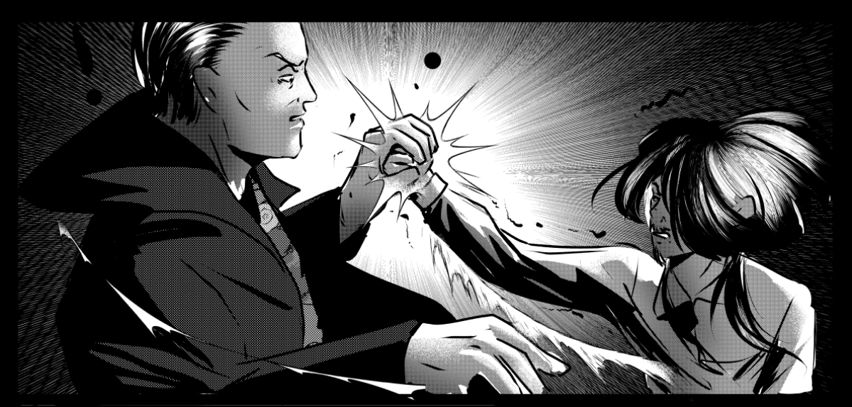 Dynamiczny, czarno-biały kadr z webkomiksu niezależnego „Mefisto. Jego wysokość czarna eminencja”, przedstawiający fizyczną konfrontację między dwiema postacie. Postać po lewej stronie chwyta dłoń drugiej postaci w mocnym, agresywnym uścisku, co podkreślają linie akcji i błysk w centralnym punkcie styku. Grafika wykonana jest w wysokim kontraście z użyciem profesjonalnych rastrów, oddających mroczny i brutalny klimat tego komiksu niezależnego.