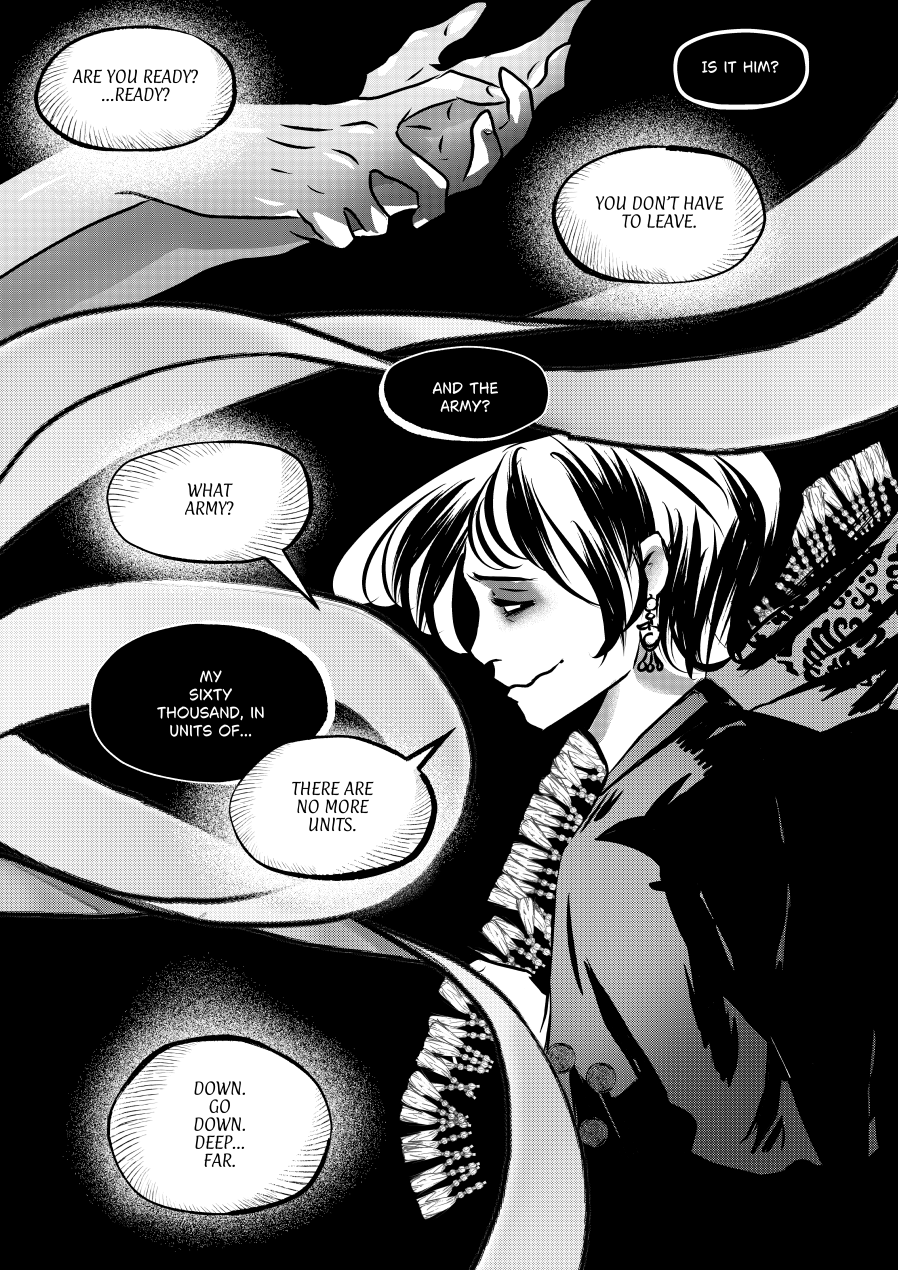 Visual Content and Narrative Context: A surreal, high-contrast black-and-white comic page from Chapter 2 of Mephisto: His Majesty the Black Eminence. Top Panel: A close-up of two hands reaching toward one another against a dark background. Central Characters: Andrielach, the blonde-haired Almighty, is shown in a state of quiet contemplation with a faint, melancholic smile. He is dressed in an ornate garment with numerous decorative tassels. Opposite him is the dark-haired Mephisto. Speech Bubbles: Large, organic, ribbon-like speech bubbles flow across the page, containing a dialogue between the two regarding a vanished army of sixty thousand and an inevitable descent. Full Dialogue Transcription: Andrielach: "ARE YOU READY? ...READY?" Mephisto: "IS IT HIM?" Andrielach: "YOU DON'T HAVE TO LEAVE." Mephisto: "AND THE ARMY?" Andrielach: "WHAT ARMY?" Mephisto: "MY SIXTY THOUSAND, IN UNITS OF..." Andrielach: "THERE ARE NO MORE UNITS." Andrielach: "DOWN. GO DOWN. DEEP... FAR."
