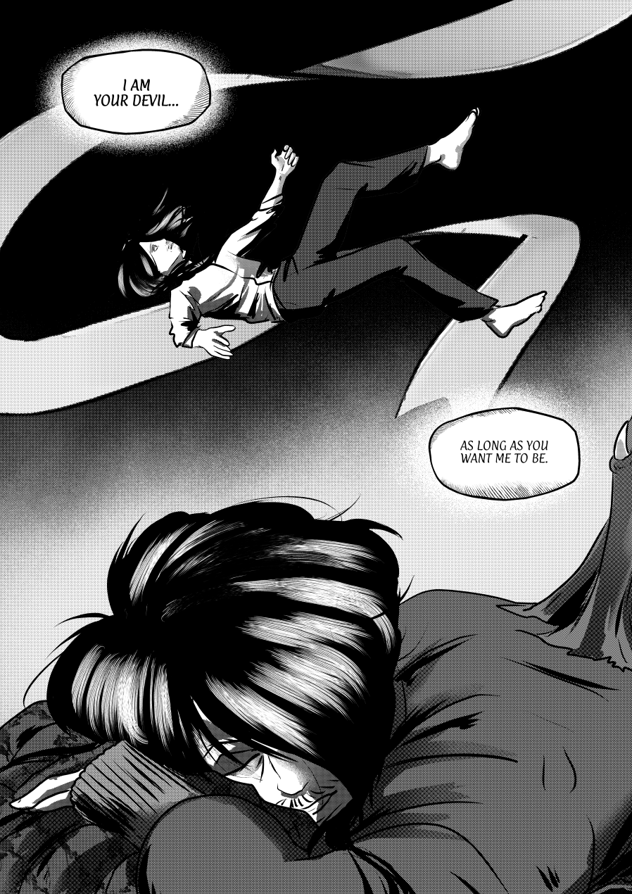 Visual Content and Narrative Context: A surreal, dreamlike black-and-white comic page from the "The Invitation" chapter, depicting a deep psychological or metaphysical connection between characters. Top Panel: A young, dark-haired version of Mephisto is shown floating or falling through a vast, dark void, surrounded by flowing, ribbon-like white energy or fabric. His expression is serene and detached as he drifts in the weightless space. Bottom Panel: A close-up of the present-day Mephisto resting his head on a textured, possibly fur-covered surface. His eyes are closed, suggesting he is either dreaming or in a trance-like state. A large, clawed hand or paw belongs to the figure he is resting upon, hinting at a monstrous or demonic presence. Speech Bubbles: Two simple, elegant speech bubbles contain the pivotal dialogue: "I AM YOUR DEVIL..." and "...AS LONG AS YOU WANT ME TO BE.". Full Dialogue Transcription: Voice (Top): "I AM YOUR DEVIL..." Voice (Middle): "AS LONG AS YOU WANT ME TO BE."