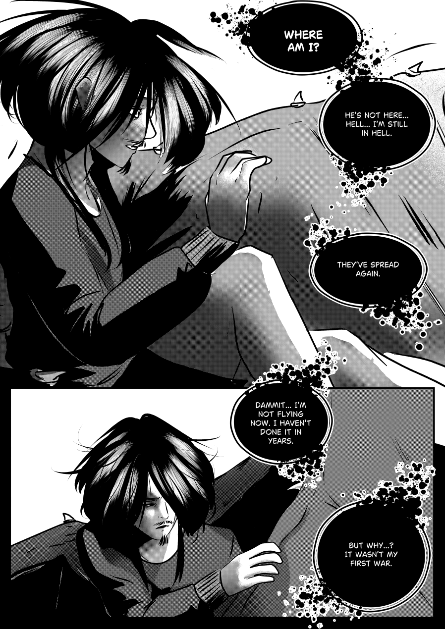 Visual Content and Narrative Context: A high-contrast black-and-white comic page from the "The Invitation" chapter, showing Mephisto waking up from a trance or dream. Top Panel: A close-up of Mephisto with disheveled dark hair, looking disoriented and distressed as he realizes his surroundings. He is shown leaning against a large, textured surface, likely the same creature seen in the previous page. Bottom Panel: Mephisto is shown in a wider shot, looking down with a somber, reflective expression. He is grappling with the physical and mental toll of his past experiences. Speech Bubbles: The dialogue is contained in splattered, dark-bordered bubbles, emphasizing Mephisto's internal turmoil and the oppressive atmosphere of Hell. Full Dialogue Transcription: Mephisto: "WHERE AM I?" Mephisto: "HE'S NOT HERE... HELL... I'M STILL IN HELL." Mephisto: "THEY'VE SPREAD AGAIN." Mephisto: "DAMMIT... I'M NOT FLYING NOW. I HAVEN'T DONE IT IN YEARS." Mephisto: "BUT WHY...? IT WASN'T MY FIRST WAR."
