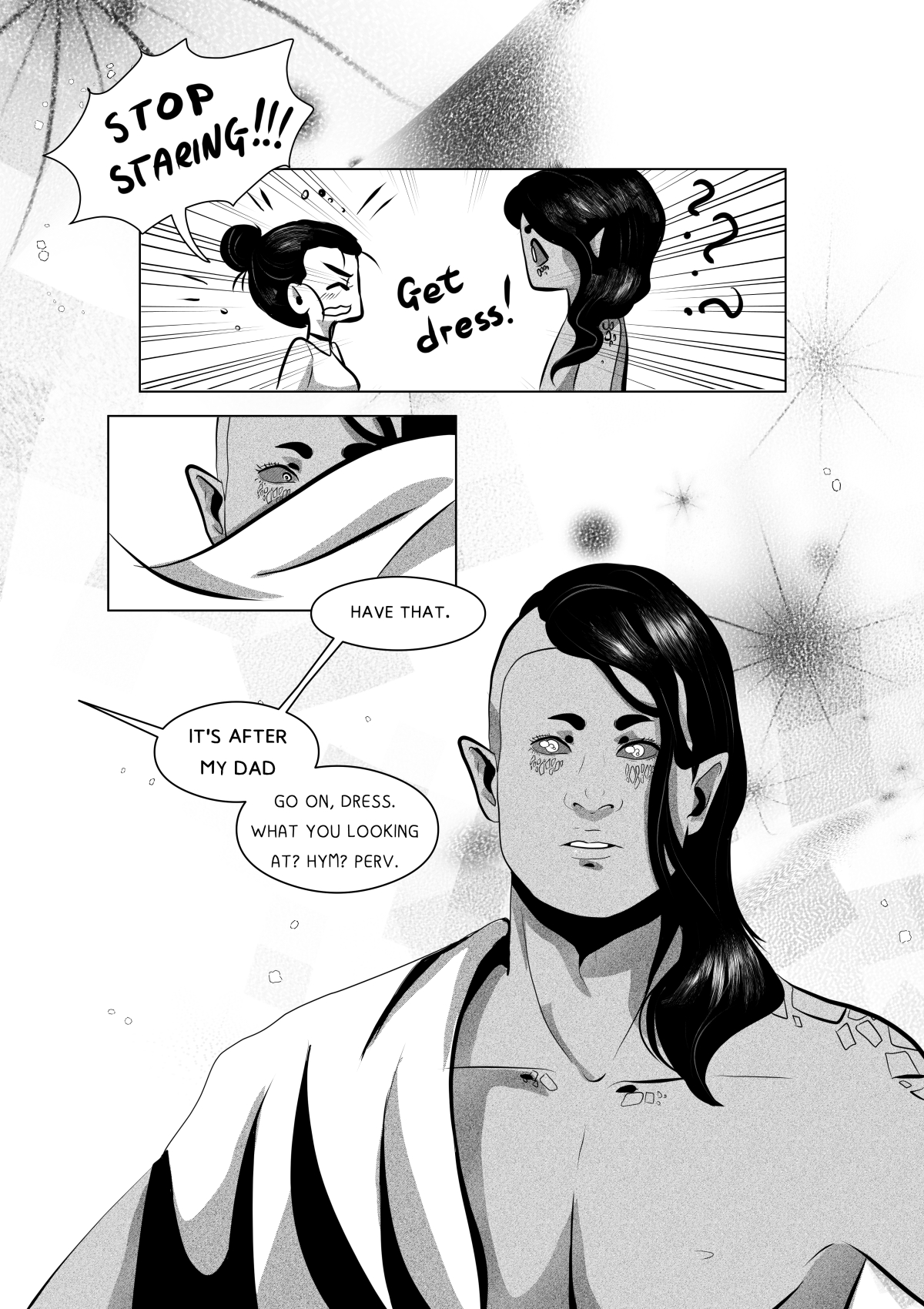 A black and white comic page with dynamic panels. At the top, a chibi-style Anna, blushing furiously, screams at the alien to stop staring. The alien, looking confused, has question marks over his head. At the bottom of the page, Anna hands him white clothing while looking away. A close-up shows the handsome alien's face with long, glossy hair and light eyes, looking at her seriously while she jokingly calls him a "perv."
Full transcription: "STOP STARING!!!", "Get dress!", "???", "HAVE THAT.", "IT'S AFTER MY DAD", "GO ON, DRESS. WHAT YOU LOOKING AT? HYM? PERV."