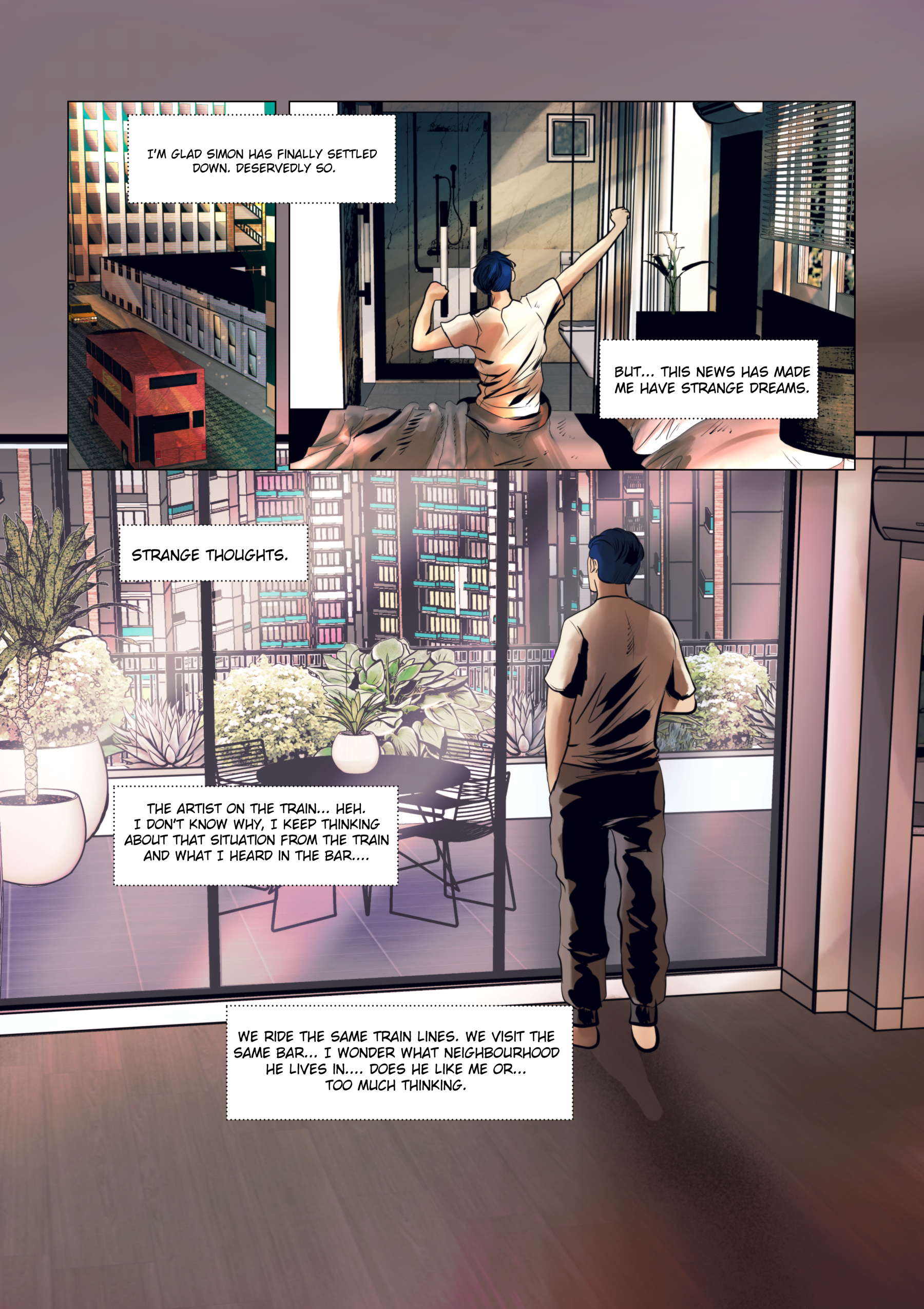 Kolorowe strony komiksu &bdquo;Ostatni Przystanek&rdquo; przedstawiające konfrontację Marka z artystą w pociągu magnetycznym oraz poranek Rena w luksusowym, futurystycznym apartamencie z panoramą wieżowc&oacute;w.