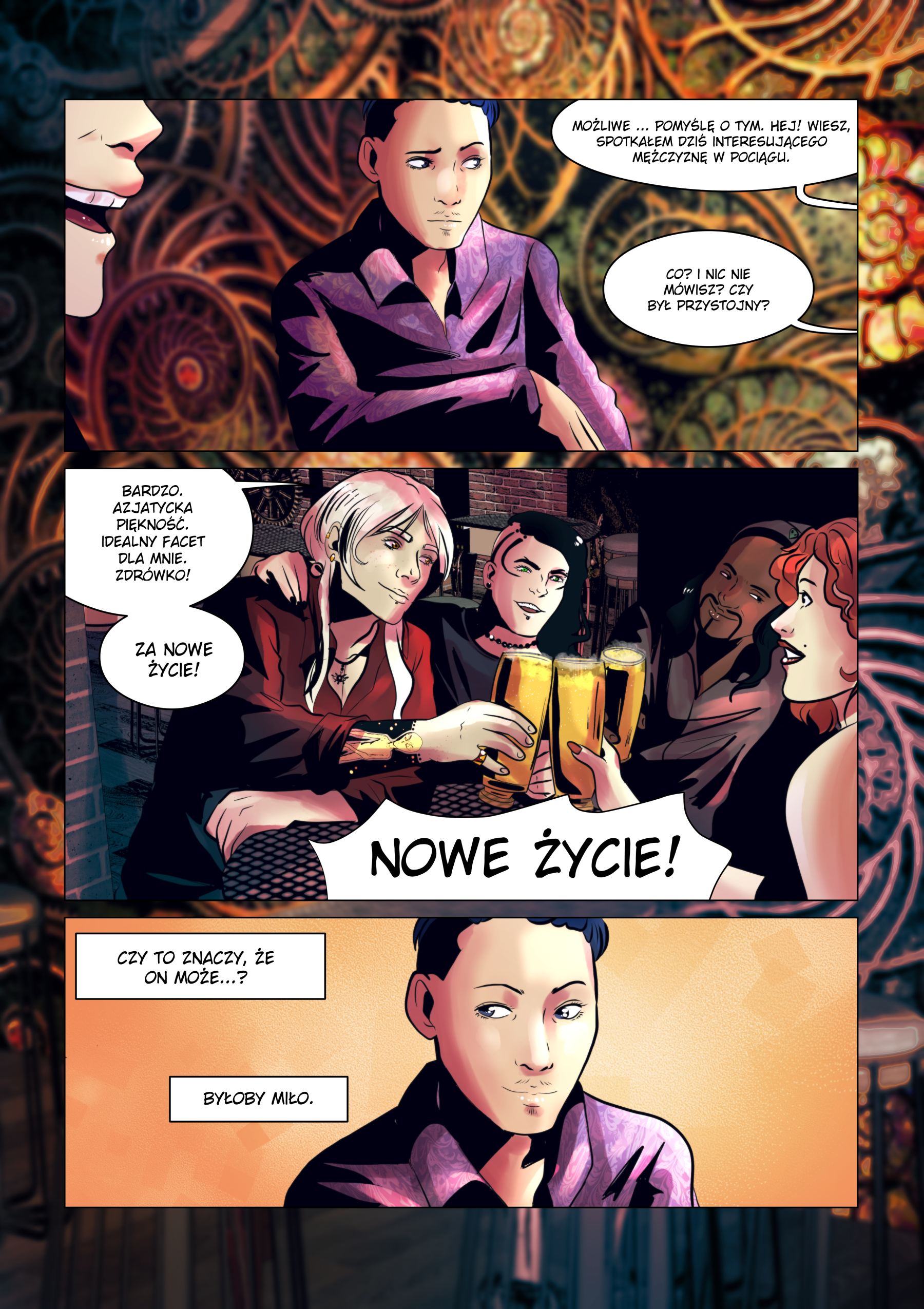 Czarno-białe i kolorowe plansze komiksu sci-fi &bdquo;Ostatni Przystanek&rdquo;, ukazujące Rena rozmawiającego z przyjaci&oacute;łmi o samotności oraz grupę artysty wznoszącą toast za nowe życie w tętniącym życiem klubie.
