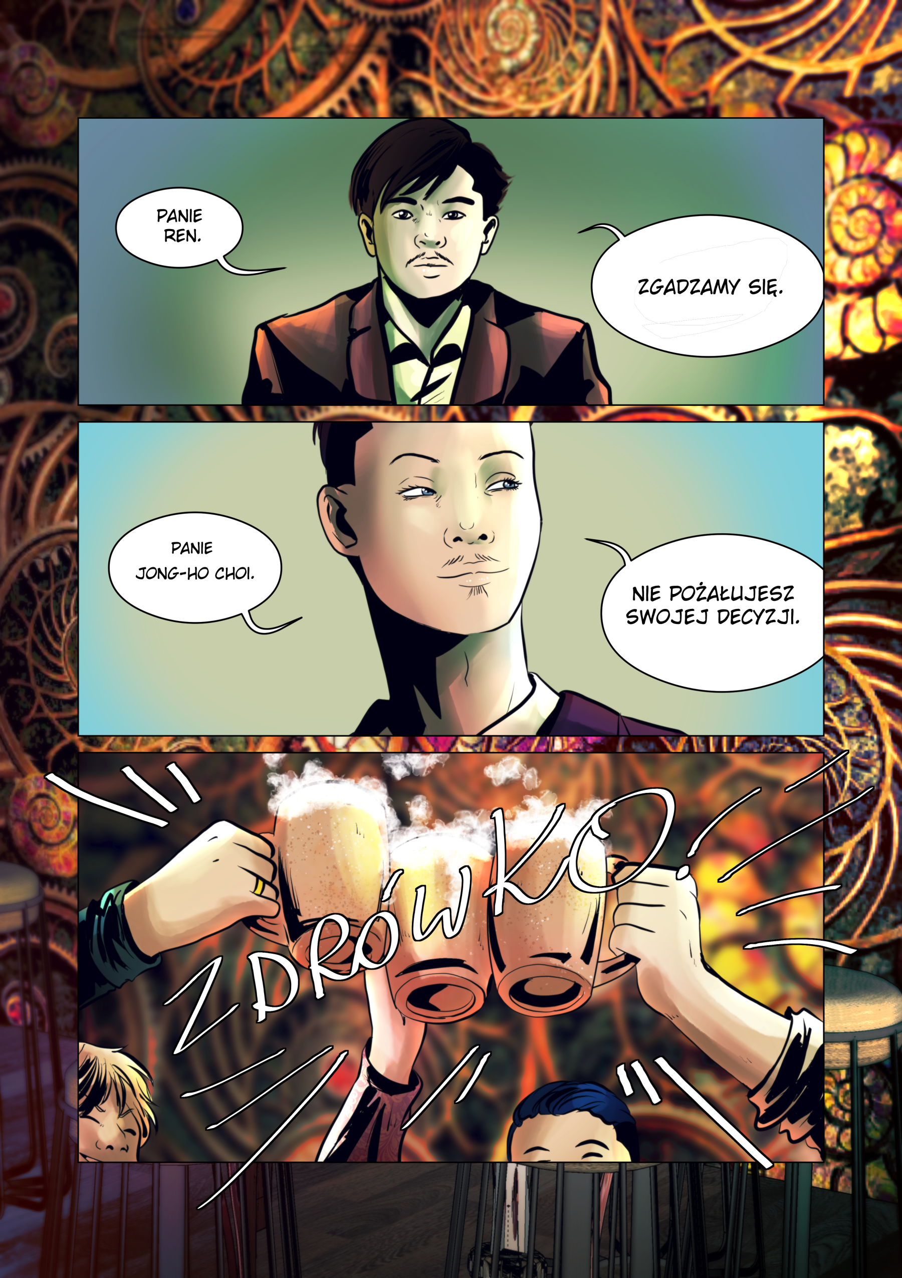 Czarno-białe i kolorowe plansze komiksu sci-fi &bdquo;Ostatni Przystanek&rdquo;, przedstawiające Rena i Marka na stacji kolejowej oraz sukces prezentacji projektu medycznego przed inwestorem Jong-ho Choi.