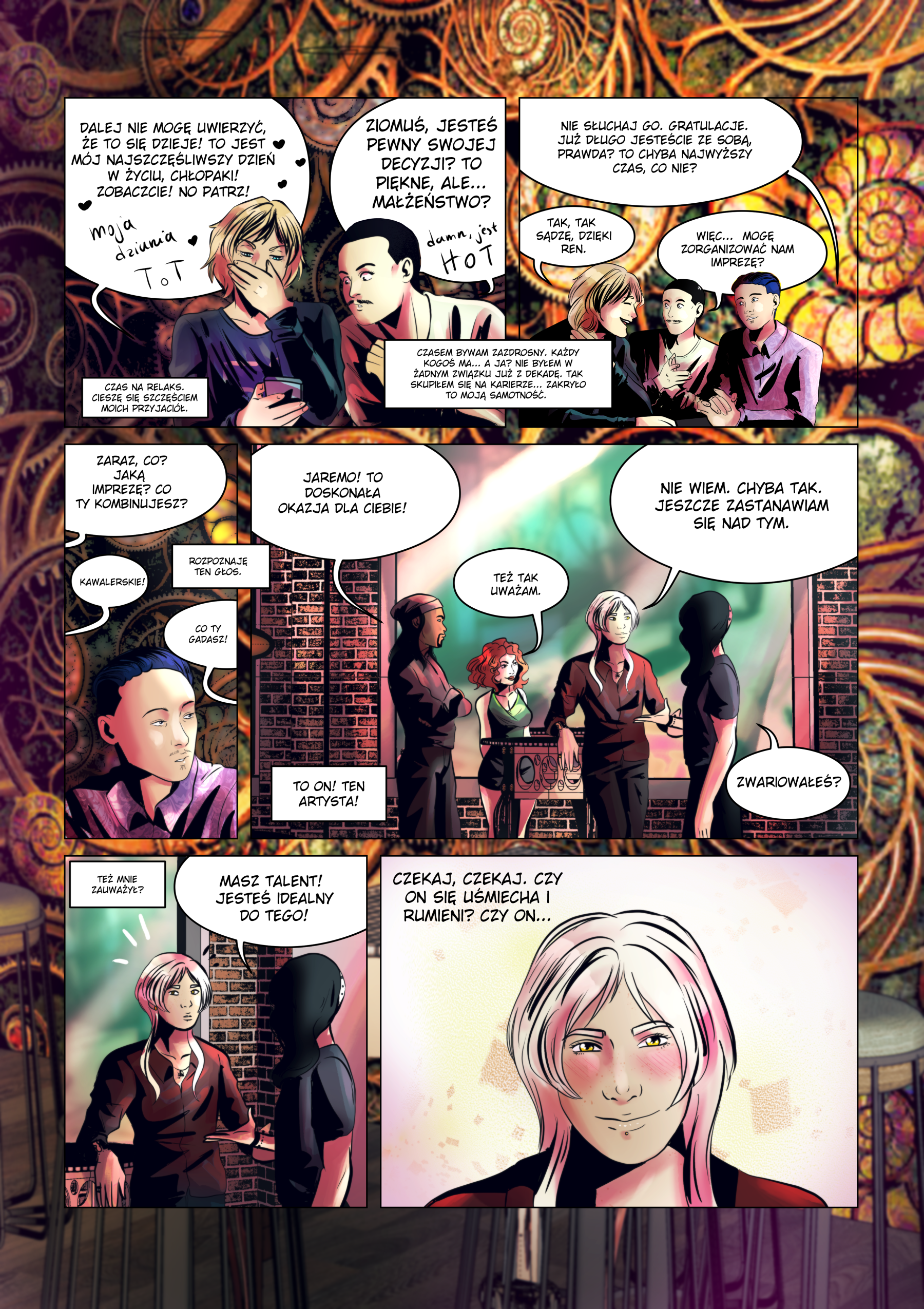 Czarno-białe i kolorowe plansze komiksu sci-fi &bdquo;Ostatni Przystanek&rdquo;, ukazujące Rena rozmawiającego z przyjaci&oacute;łmi o samotności oraz grupę artysty wznoszącą toast za nowe życie w tętniącym życiem klubie.