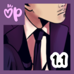 Kwadratowa ikonka webkomiksu niezależnego „Ostatni Przystanek” dla rozdziału 1.1. Przedstawia zbliżenie na profil dolnej części twarzy bohatera w eleganckim fioletowym garniturze, białej koszuli i ciemnym krawacie. W lewym górnym rogu widnieje różowe logo serii „OP” z serduszkiem, a w prawym dolnym biały numer „1.1”.