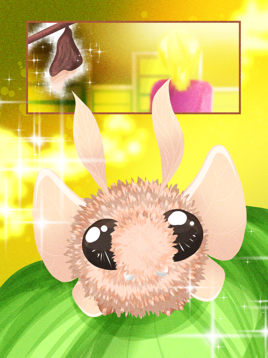 A bright, ethereal digital comic page from the "My Human" series. The top panel shows a brown chrysalis hanging from a branch against a blurred yellow background, with sparkling light effects suggesting a magical transformation. The main illustration is a large, close-up view of a fluffy, pinkish-beige moth with massive, glittering black eyes and tiny white fangs. It has delicate, translucent wings and antennae, sitting atop a vibrant green leaf. The entire scene is bathed in a warm, golden glow with sparkling "bokeh" light effects.