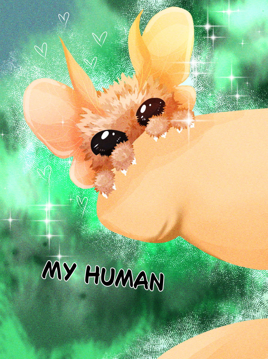 A final, heart-melting digital comic panel from the "My Human" series. The artwork is bright and textured, dominated by a soft green and emerald background filled with sparkling light effects and floating white heart icons. The tiny, fluffy moth creature—with its signature large, sparkling black eyes and pinkish-beige fur—is shown snuggling affectionately against a large, out-of-focus human neck or shoulder. The creature looks content and safe.

Full text transcription:

Moth/Narrator: "MY HUMAN"