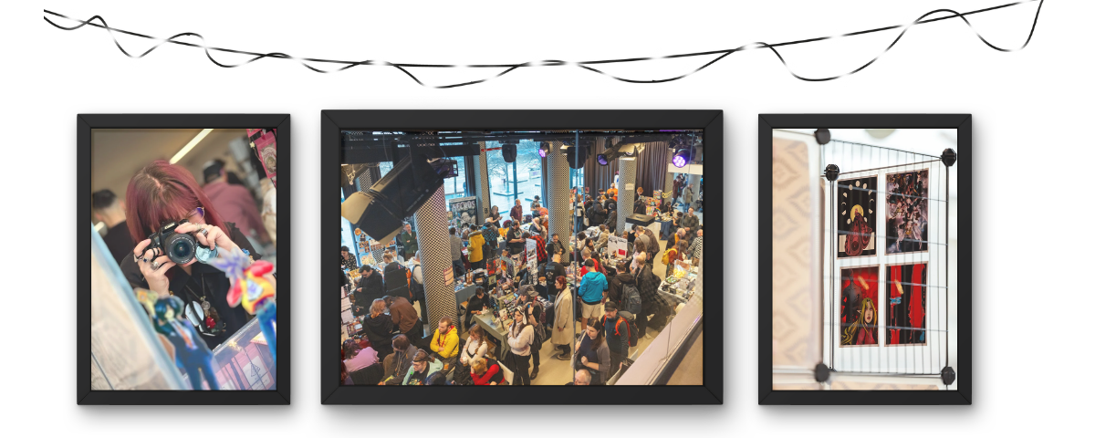 Relacja fotograficzna z Podziemnych Kocurów: Etera robiąca zdjęcia, widok na salę konwentową oraz ekspozycja artprintów Iocte Nocte.