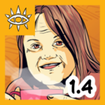 Kwadratowa ikonka do rozdziału 1.4 komiksu „Zaćmienie” od Iocte Nocte. Grafika w surowym, komiksowym stylu z grubym konturem przedstawia uśmiechniętą starszą kobietę o brązowych włosach. Kobieta trzyma w dłoniach różowy kubek, z którego unosi się para. Tło jest jaskrawo pomarańczowe. W lewym górnym rogu znajduje się logo Iocte Nocte (oko z promieniami), a w prawym dolnym rogu biały numer „1.4” w czarnej obwódce.