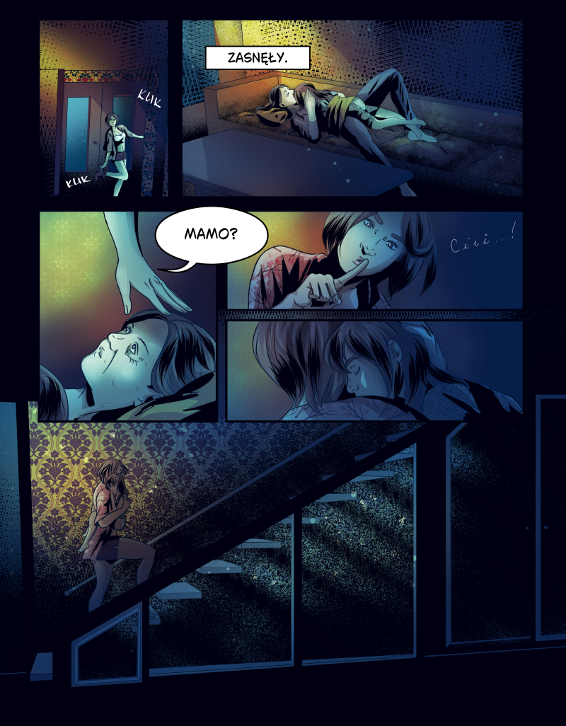 Strona komiksu autorstwa Lomci w nastrojowej, nocnej palecie barw z przewagą granatów i ciepłych żółci. Scena ukazuje powrót kobiety do domu, gdzie na kanapie pod kocem śpią dzieci. Górny panel pokazuje kobietę szeptem mówiącą „ZASNĘŁY”, a środkowe kadry przedstawiają czułą interakcję z dziewczynką, która budzi się i pyta „MAMO?”. Dolny, duży kadr przedstawia matkę niosącą dziecko na rękach po schodach, przyozdobionych tapetą w klasyczne wzory.