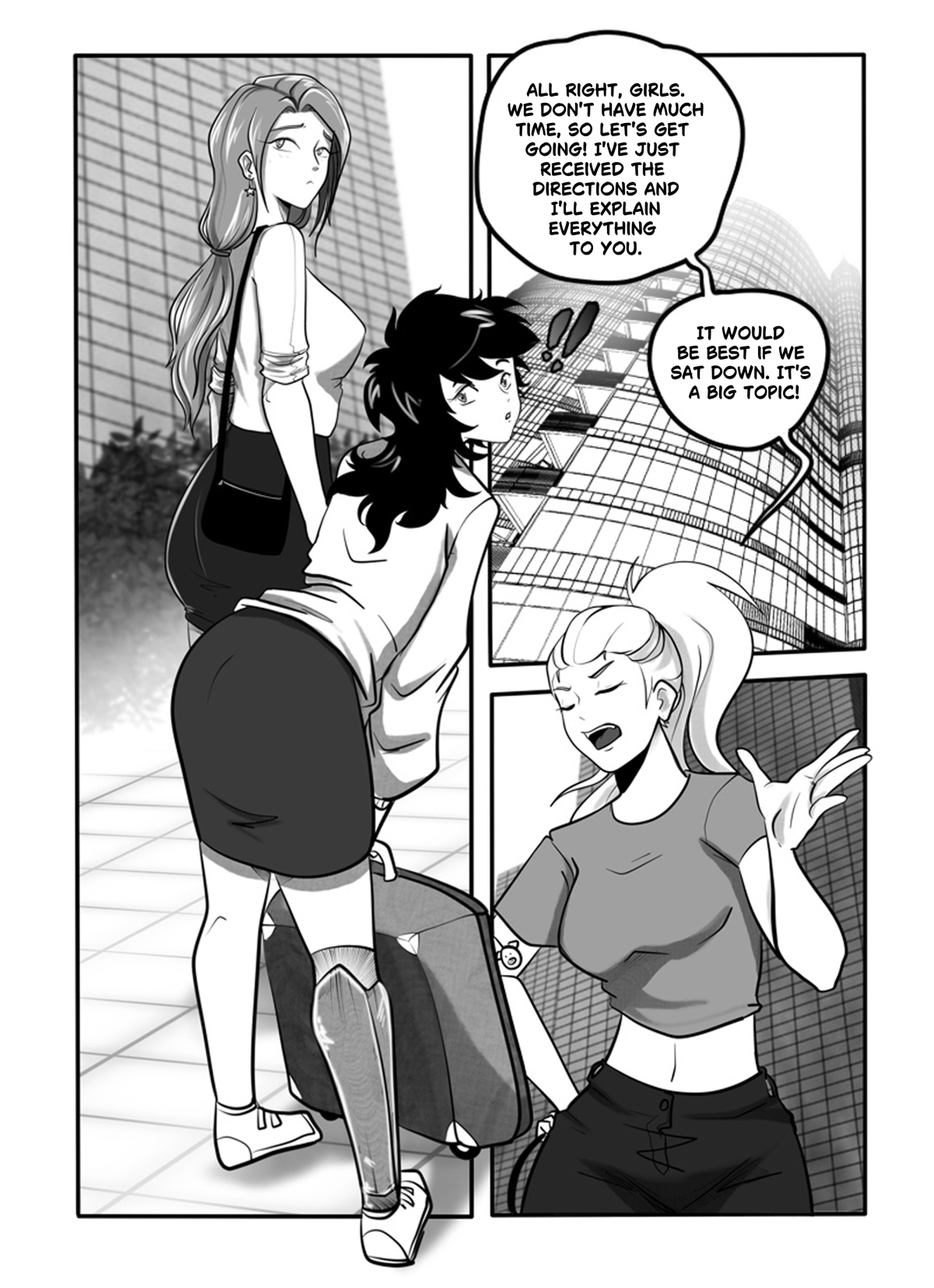 A black and white comic page from "Amordei" featuring the introduction of Hana Raven. The left side contains a detailed profile box for Hana, a 27-year-old Laboratory Operations Manager. The main panel shows Hana effortlessly carrying two large suitcases, labeled as a "strong woman," while offering to take the girls to a bar for cocktails and donuts to "release some tension". Behind her, Ikari celebrates the mention of donuts while Sara looks on with a skeptical, "chibi" expression. Dialogue transcription: Hana: "I'LL TAKE YOUR BAGS, THEY'RE PRETTY LIGHT. THERE'S A BAR THERE, THEY MAKE GOOD COCKTAILS. THERE ARE ALSO SOME DONUTS. SO IT'S THE PERFECT PLACE TO RELEASE SOME TENSION." Ikari: "YES! DONUTS! I LOVE DONUTS!" Sara: "WHAT TENSION?"