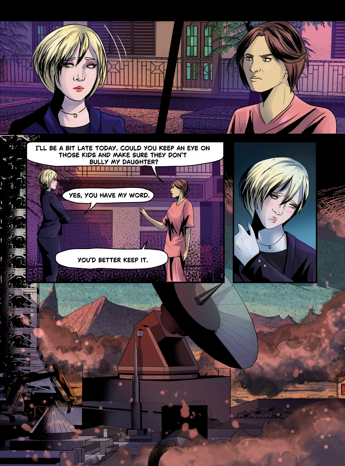 A digital comic page featuring the end of a tense conversation and a large landscape shot. The top panels show a close-up of the blonde school official looking downcast and guilty, while Mrs. Mazur maintains a stern, angry expression. Mrs. Mazur demands that the official keep an eye on the bullies to protect her daughter, Sara. The bottom half of the page is a wide, cinematic shot of a massive industrial or military facility featuring a large satellite dish and tall structures under a hazy, reddish-brown sky filled with smoke or dust. Dialogue transcription: Mrs. Mazur: "I'LL BE A BIT LATE TODAY. COULD YOU KEEP AN EYE ON THOSE KIDS AND MAKE SURE THEY DON'T BULLY MY DAUGHTER?" Official: "YES, YOU HAVE MY WORD." Mrs. Mazur: "YOU'D BETTER KEEP IT."