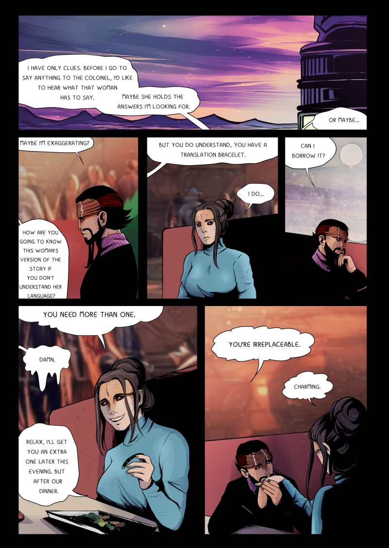 A colored digital comic page from "HOK" set during a sunset dinner. The top panels show a purple and pink alien sky with mountains in the distance; Hok thinks about hearing the captured woman's version of the story before reporting to the Colonel. In the middle panels, Hok asks his female companion if he can borrow her "translation bracelet". She smiles and tells him he will need more than one, promising to get him an extra one after their dinner. The final panel shows a romantic gesture as Hok kisses her hand. Full dialogue transcription: Hok (Thought): "I HAVE ONLY CLUES. BEFORE I GO TO SAY ANYTHING TO THE COLONEL, I'D LIKE TO HEAR WHAT THAT WOMAN HAS TO SAY." Hok (Thought): "MAYBE SHE HOLDS THE ANSWERS I'M LOOKING FOR. OR MAYBE... MAYBE I'M EXAGGERATING?" Colleague: "HOW ARE YOU GOING TO KNOW THIS WOMAN'S VERSION OF THE STORY IF YOU DON'T UNDERSTAND HER LANGUAGE?" Hok: "BUT YOU DO UNDERSTAND, YOU HAVE A TRANSLATION BRACELET." Colleague: "I DO..." Hok: "CAN I BORROW IT?" Colleague: "YOU NEED MORE THAN ONE. RELAX, I'LL GET YOU AN EXTRA ONE LATER THIS EVENING. BUT AFTER OUR DINNER." Hok: "YOU'RE IRREPLACEABLE." Colleague: "CHARMING."