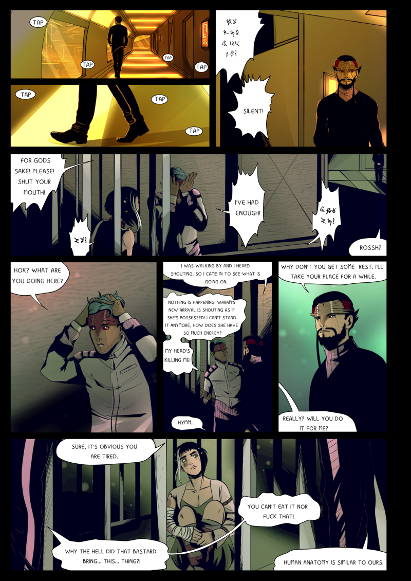 A colored digital comic page from "HOK" set in a dark, metallic prison facility. The top panels show Hok walking down a yellow-lit corridor, his footsteps marked by "TAP" sound effects. He arrives at a cell block where a guard, Rossh, is distressed by the constant screaming of a prisoner. Hok offers to take over the guard duty so Rossh can rest. The final panel reveals the prisoner: a young human woman with dark hair and bandaged arms, sitting on the floor behind bars and looking up at Hok with a weary expression. Dialogue transcription: Hok: "ROSSH?" Rossh: "HOK? WHAT ARE YOU DOING HERE?" Hok: "I WAS WALKING BY AND I HEARD SHOUTING, SO I CAME IN TO SEE WHAT IS GOING ON." Rossh: "NOTHING IS HAPPENING! WARAM'S NEW ARRIVAL IS SHOUTING AS IF SHE'S POSSESSED! I CAN'T STAND IT ANYMORE, HOW DOES SHE HAVE SO MUCH ENERGY?" Hok: "WHY DON'T YOU GET SOME REST. I'LL TAKE YOUR PLACE FOR A WHILE." Rossh: "REALLY? WILL YOU DO IT FOR ME? SURE, IT'S OBVIOUS YOU ARE TIRED." Rossh: "WHY THE HELL DID THAT BASTARD BRING... THIS... THING?! YOU CAN'T EAT IT NOR FUCK THAT!" Hok: "HUMAN ANATOMY IS SIMILAR TO OURS."