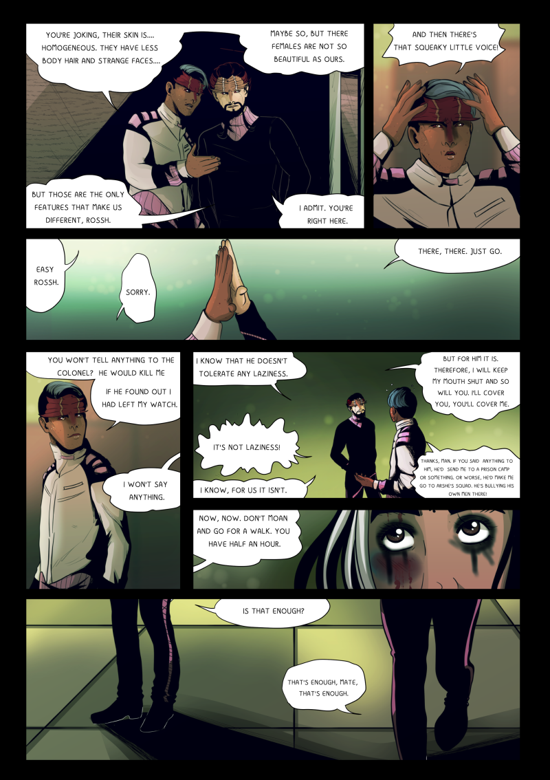 A colored digital comic page from "HOK" featuring a conversation between Hok and the guard Rossh. They discuss the physical differences between their species and humans, with Rossh noting humans have "homogeneous skin," less body hair, and "strange faces". Hok convinces Rossh to take a half-hour break, promising to cover for him so the Colonel doesn't find out he left his watch. The two high-five to seal the deal. The final panels show a close-up of the human prisoner's eyes, which are marked by dark, running makeup or tears. Dialogue transcription: Rossh: "YOU'RE JOKING, THEIR SKIN IS.... HOMOGENEOUS. THEY HAVE LESS BODY HAIR AND STRANGE FACES...." Hok: "BUT THOSE ARE THE ONLY FEATURES THAT MAKE US DIFFERENT, ROSSH." Rossh: "MAYBE SO, BUT THEIR FEMALES ARE NOT SO BEAUTIFUL AS OURS. AND THEN THERE'S THAT SQUEAKY LITTLE VOICE!" Hok: "I ADMIT. YOU'RE RIGHT HERE. EASY ROSSH. THERE, THERE. JUST GO." Rossh: "YOU WON'T TELL ANYTHING TO THE COLONEL? HE WOULD KILL ME IF HE FOUND OUT I HAD LEFT MY WATCH." Hok: "I WON'T SAY ANYTHING. I KNOW THAT HE DOESN'T TOLERATE ANY LAZINESS." Rossh: "IT'S NOT LAZINESS!" Hok: "I KNOW, FOR US IT ISN'T. NOW, NOW. DON'T MOAN AND GO FOR A WALK. YOU HAVE HALF AN HOUR." Rossh: "THANKS, MAN. IF YOU SAID ANYTHING TO HIM, HE'D SEND ME TO A PRISON CAMP OR SOMETHING."