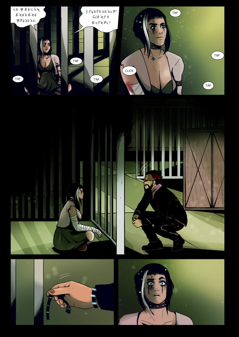 A colored digital comic page from "HOK" featuring a conversation between Hok and the human prisoner. Hok explains that while Waram understands humans from spending time among them, he has only known humans on the "battlefield". The prisoner, looking battered with blood on her shoulder and smudged makeup, accuses his race of killing humans. Hok expresses worry about Waram's strange behavior and reveals that his race does not typically take hostages. He tells her he isn't sure if the Colonel even knows she is there and asks why Waram brought her to the base. Dialogue transcription: Hok: "YOU SEE, NOT ALL OF US KNOW HOW TO SPEAK HUMAN LANGUAGE. WARAM UNDERSTANDS, BECAUSE HE CONSTANTLY SPENDS TIME AMONG YOU. I, UNFORTUNATELY, HAVE NOT HAD THE... 'HONOUR' OF KNOWING YOUR RACE. ONLY ON BATTLEFIELDS..." Prisoner: "YOU'VE BEEN KILLING US." Hok: "YES." Prisoner: "WHY DID YOU WANT TO SPEAK WITH ME?" Hok: "WELL, YOU SEE, WARAM HAS BEEN BEHAVING STRANGELY LATELY. I'M WORRIED BECAUSE HE'S MY FRIEND. WE DON'T TAKE HOSTAGES, NOT LIKE YOU." Hok: "I'M NOT SURE IF EVEN OUR COLONEL KNOWS ABOUT YOU. I MUST REPORT IT." Hok: "BUT BEFORE I DO SO, I NEED TO KNOW— WHY WARAM BROUGHT YOU HERE?"