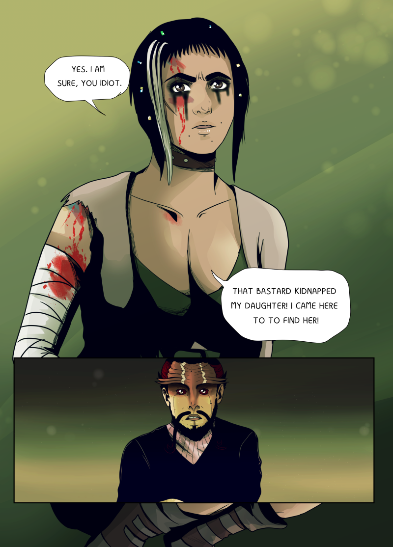 A colored digital comic page from "HOK" featuring a dramatic revelation during the prison interrogation. The top panel is a large, emotional shot of the human woman, her eyes filled with intensity and her face marked with blood and tears. She confirms her accusations against Waram, stating that he kidnapped her daughter and that she only came to the base to find her. The bottom panel shows a close-up of Hok's face, his eyes wide with shock and disbelief as the weight of her words sinks in. Dialogue transcription: Prisoner: "YES. I AM SURE, YOU IDIOT." Prisoner: "THAT BASTARD KIDNAPPED MY DAUGHTER! I CAME HERE TO TO FIND HER!" Hok (Visual Reaction): Wide-eyed shock.
