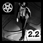 Czarno-biała miniatura w stylu anime style art przedstawiająca Mefista widzianego z góry (high-angle shot), gdy idzie zdecydowanym krokiem przez ciemny, kamienny korytarz Piekła. Postać jest ubrana w elegancki garnitur, białą koszulę i krawat, co podkreśla korporacyjny charakter serii. Długie, czarne włosy są lekko uniesione w ruchu. W lewym górnym rogu znajduje się biały symbol pentagramu, a w prawym dolnym rog numer części "2.2". Stylistyka seinen manga polska z silnym kontrastem i gęstym rastrowaniem podłogi.