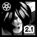 Czarno-biała miniatura w stylu anime style art przedstawiająca zbliżenie na twarz Mefista. Postać ma spuszczony wzrok, przymknięte oczy i wyraz głębokiego smutku lub zmęczenia. Długie, czarne włosy częściowo zasłaniają mu twarz, podkreślając intymny i mroczny charakter sceny. Widoczny jest charakterystyczny zarost (kozia bródka). W lewym górnym rogu znajduje się biały symbol pentagramu, a w prawym dolnym rog numer części "2.1". Stylistyka seinen manga polska z silnym kontrastem i delikatnym rastrowaniem tła.