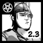 Czarno-biała miniatura w stylu anime style art przedstawiająca profil piekielnego strażnika. Postać nosi kunsztowny hełm z pióropuszem, a jej twarz wyraża powagę i zmęczenie służbą. Kadr podkreśla detale zbroi płytowej w estetyce dark fantasy. W lewym górnym rogu znajduje się biały symbol pentagramu, a w prawym dolnym rog numer części "2.3". Stylistyka seinen manga polska z silnym kontrastem i profesjonalnym rastrowaniem tła.