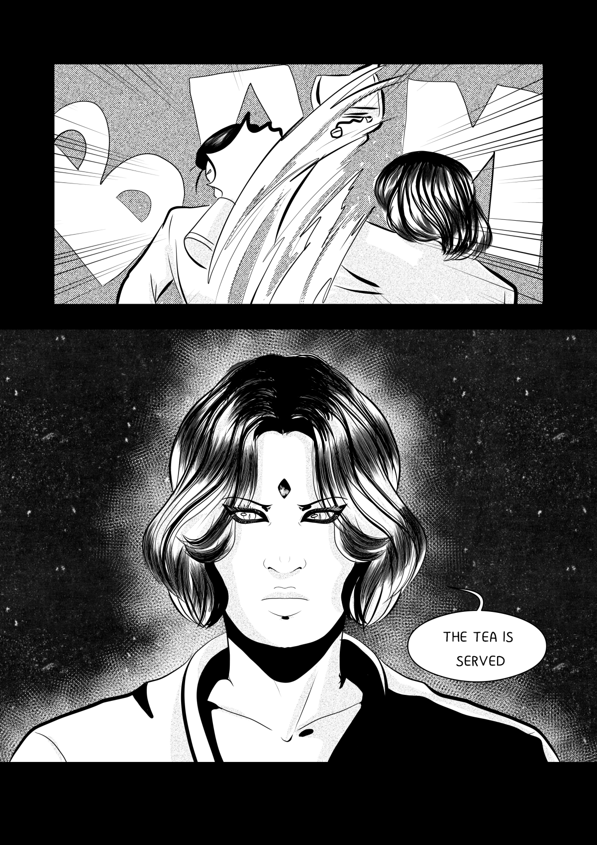 A black and white comic page with a dynamic twist. The top panel features a slapstick action scene where Nana strikes a character (presumably the Venusian) with a tray or cloth, accompanied by a large "BAM" sound effect. The bottom panel is a majestic and serious close-up of the Venusian woman's face, featuring wavy hair and a signature diamond on her forehead, as she coolly announces the tea. The background is dark and grainy, contrasting with the bright figure.
Full transcription: "BAM", "THE TEA IS SERVED".