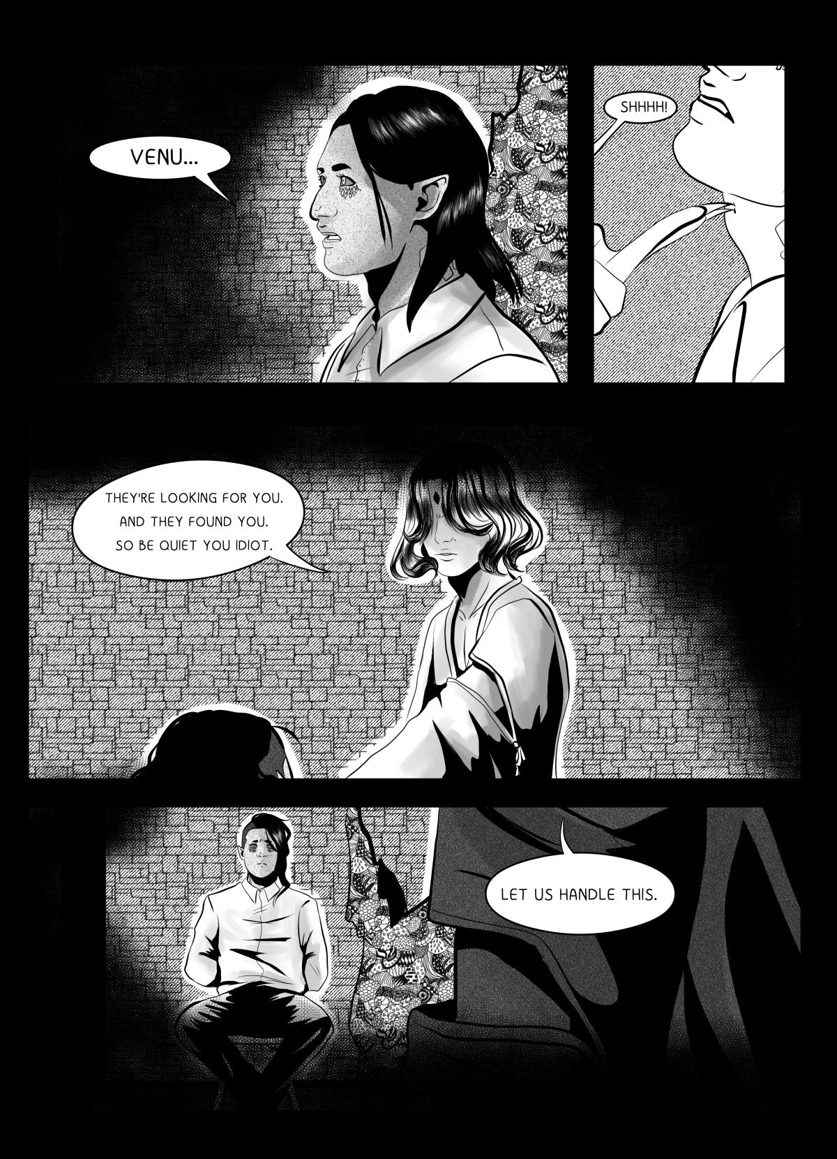 A black and white comic page with high contrast and a dark atmosphere. At the top, the terrified face of the Martian (main character) is shown alongside the Venusian woman's hand holding a blade or finger to his throat, commanding silence. The middle panel features the Venusian (Wenu) with a gem on her forehead, looking down at the Martian with contempt. At the bottom, the Martian is seen sitting on a chair with his hands tied behind his back, wearing a white shirt. Full transcription: "WENU...", "CIIIII!", "SZUKALI CIĘ I ZNALEŹLI. WIĘC SIEDŹ CICHO. IDIOTA.", "DAJ NAM SIĘ TYM ZAJĄĆ."