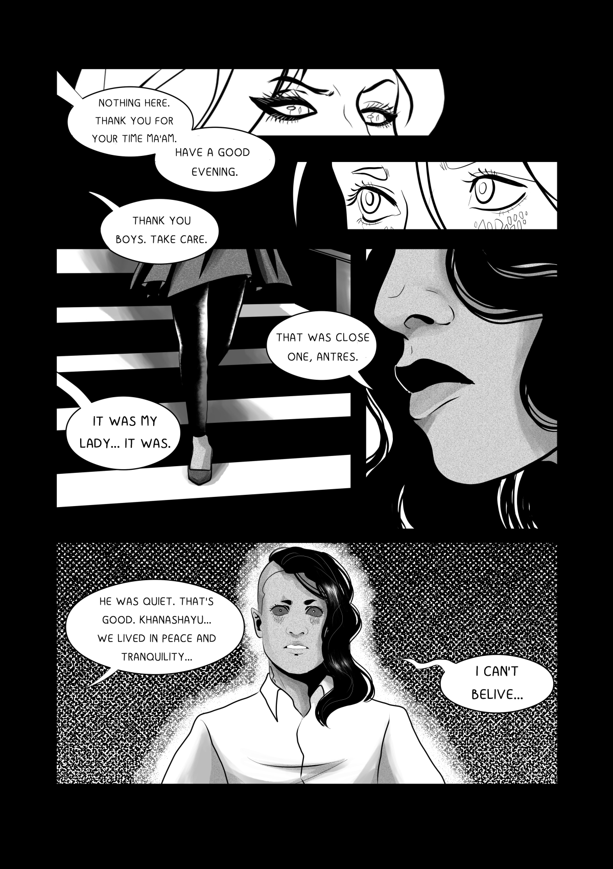 A black and white comic page showing the agents leaving. At the top, there is a close-up of the Venusian's eyes and the departing legs of the men on the stairs. The following panels are dramatic close-ups of the mouth and profile of the Venusian (Antres) as she talks to the Martian. At the bottom, the Martian (Khanashayu) stands in a glow of light, looking forward in disbelief. Full transcription: "NIC NIE MA. DZIĘKUJEMY ZA POŚWIĘCONY CZAS. SPOKOJNEGO WIECZORU.", "DZIĘKUJĘ CHŁOPCY. MIŁEGO.", "ANTRES, TO BYŁO BLISKO.", "ZA BLISKO, MOJA PANI...", "BYŁ CICHO, TO DOBRZE. KHANASHAYU... ŻYLIŚMY W CISZY I W SPOKOJU...", "NIE WIERZĘ...".