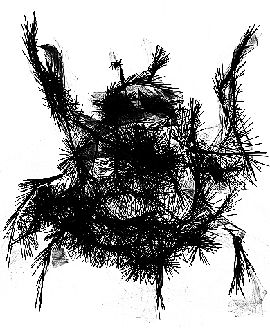 Mroczna, abstrakcyjna ilustracja przedstawiająca prawdziwą formę Yoggotty: kłębowisko macek, chitynowych odnóży i szarej, pomarszczonej skóry. Gęsty, czarny szkic oddający naturę potwora z uniwersum Iocte Nocte.