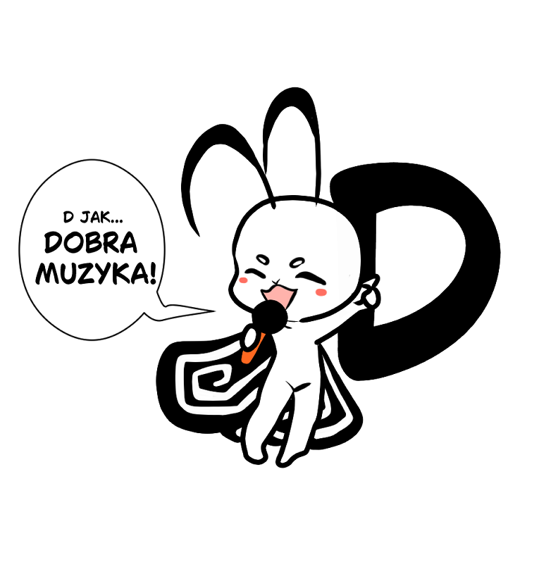 Rysunkowa maskotka ćmy o imieniu Ioctuś, trzymająca mikrofon i śpiewająca przy dużej literze „D”. Obok dymek: „D JAK... DOBRA MUZYKA!”.
