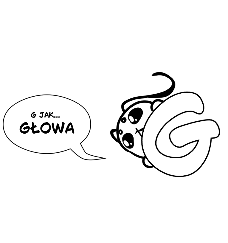 Rysunkowa maskotka ćmy o imieniu Ioctuś, częściowo schowana za dużą literą „G”. Obok znajduje się dymek z napisem: „G JAK... GŁOWA”.