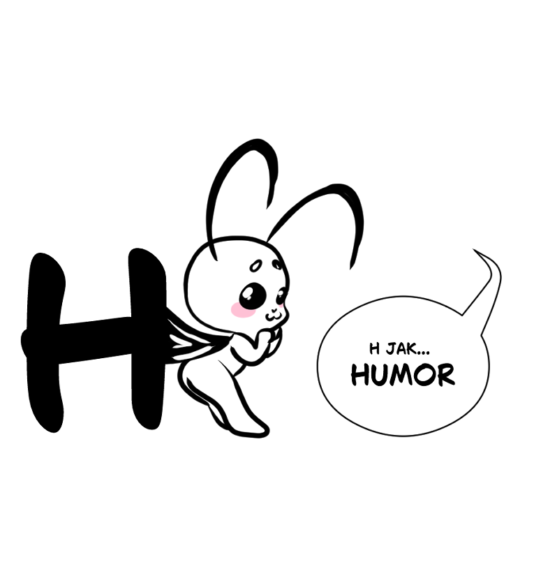Rysunkowa maskotka ćmy o imieniu Ioctuś, trzymająca się dużej litery „H”. Obok znajduje się dymek z napisem: „H JAK... HUMOR”.