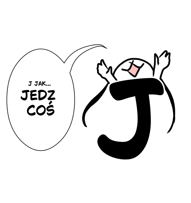 Rysunkowa maskotka ćmy o imieniu Ioctuś, unosząca ręce w górę przy dużej literze „J”. Obok znajduje się dymek z napisem: „J JAK... JEDZ COŚ”.