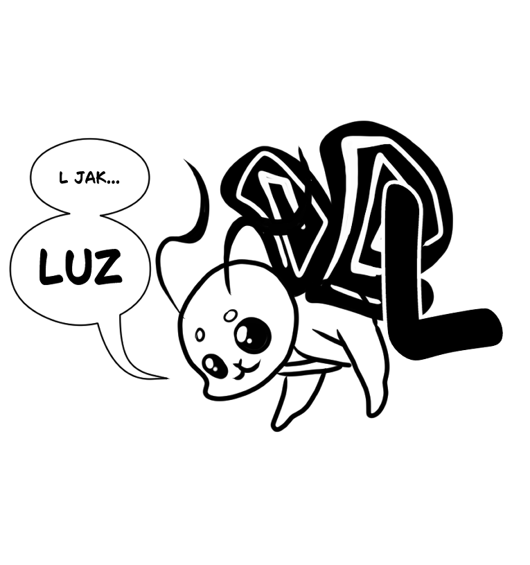 Rysunkowa maskotka ćmy o imieniu Ioctuś, spoczywająca przy dużej literze „L”. Obok dymek z napisem: „L JAK... LUZ”.