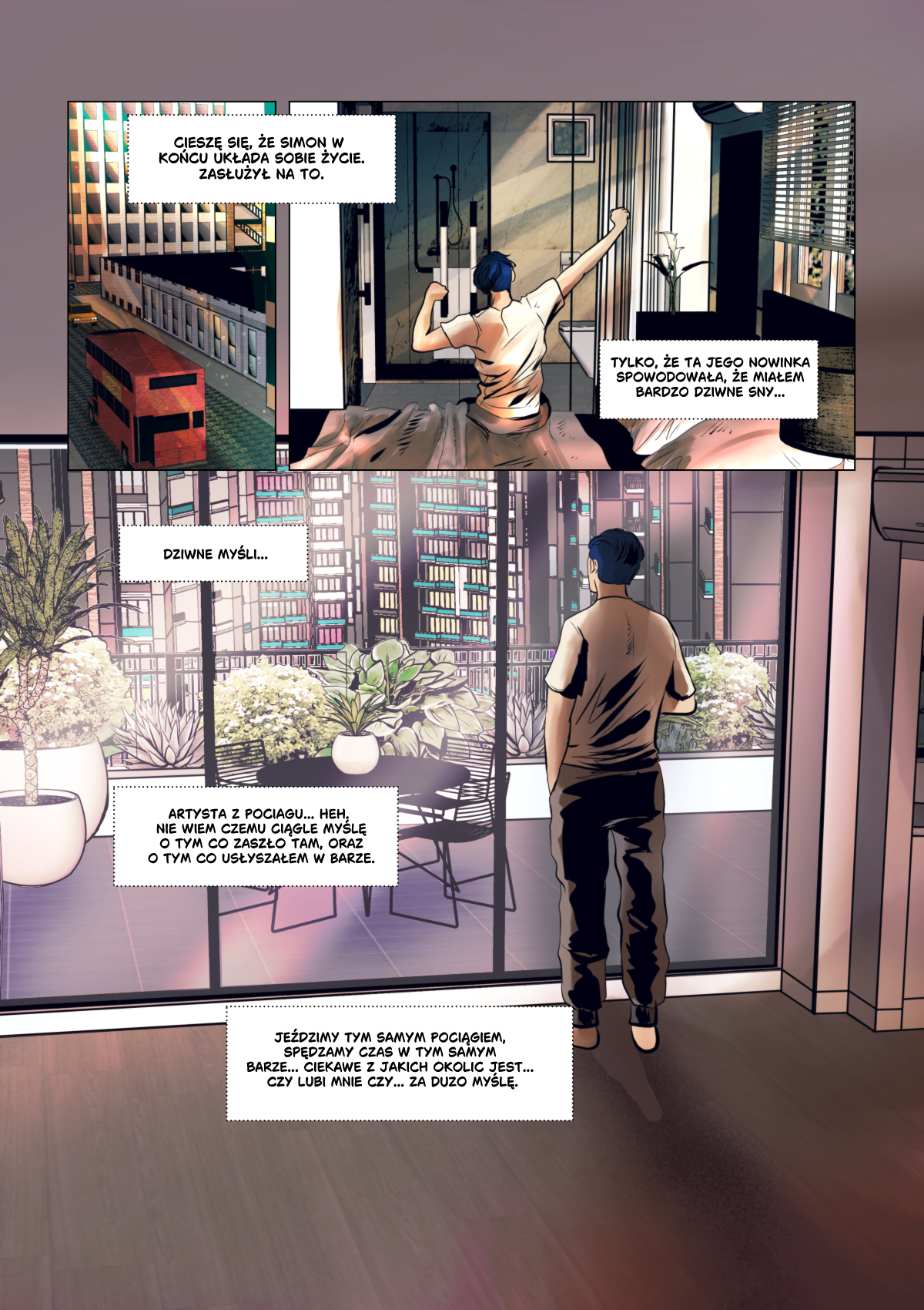 Iocte Nocte &ndash; Ostatni Przystanek, Strona 12-13 | Polski webtoon BL / dark sci-fi autorstwa Karoliny Przybył (Lomcia), Elżbieta Wancław-Chłopik (Etera). Zmęczony Ren rozmyśla o tajemniczym artyście z pociągu i odrzuca propozycję wyjścia do baru ze swoim zespołem. Najlepszy polski komiks 2026.