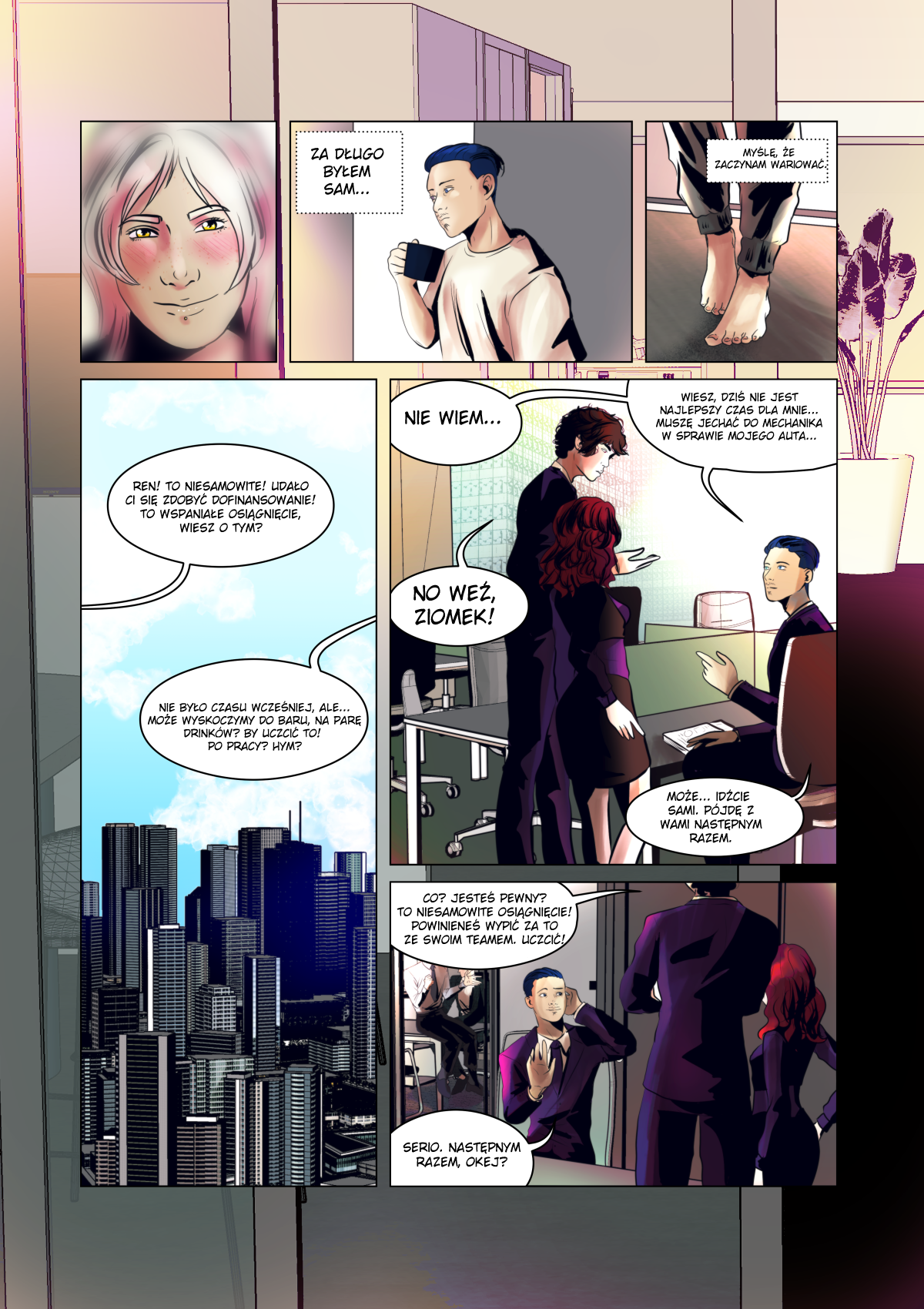 Iocte Nocte &ndash; Ostatni Przystanek, Strona 12-13 | Polski webtoon BL / dark sci-fi autorstwa Karoliny Przybył (Lomcia), Elżbieta Wancław-Chłopik (Etera). Zmęczony Ren rozmyśla o tajemniczym artyście z pociągu i odrzuca propozycję wyjścia do baru ze swoim zespołem. Najlepszy polski komiks 2026.