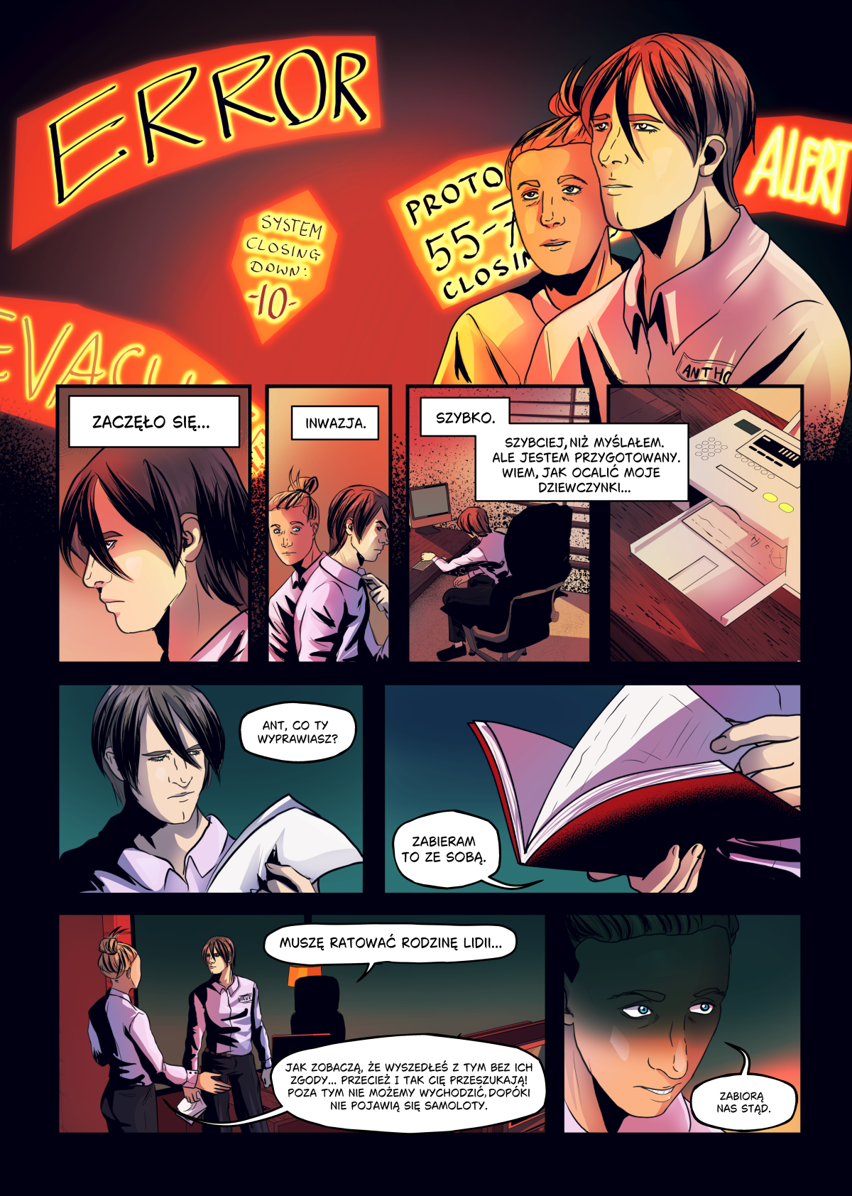 Iocte Nocte &ndash; Odcinek 2: Zaćmienie (Anthony) | Polski komiks niezależny dark sci-fi autorstwa Karoliny Przybył (Lomcia). Przeczytaj webtoon o inwazji kosmicznej, ewakuacji stacji badawczej i walce o ocalenie Bliskich. Najlepszy polski komiks sci-fi 2026.
