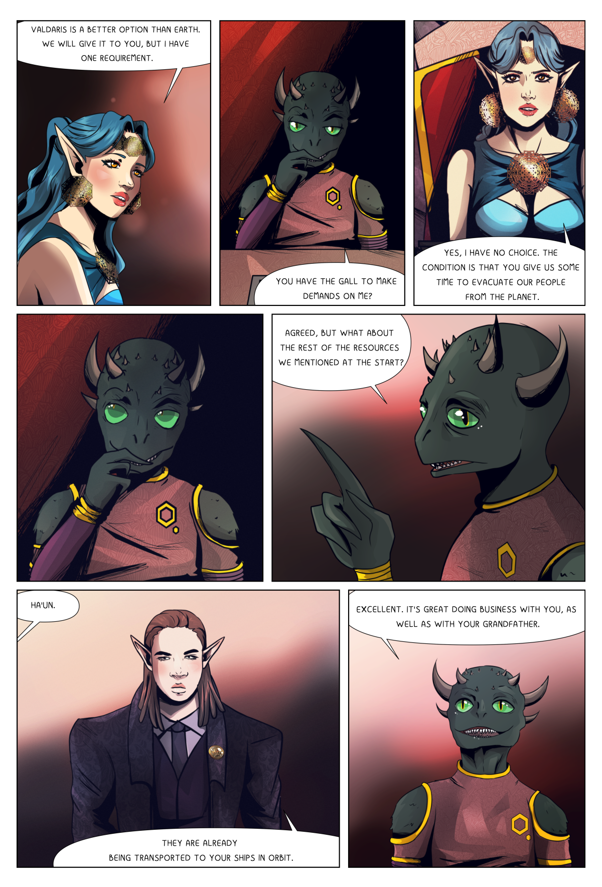 Page 8 of the Polish comic "Zaćmienie: Narodziny boga" (Eclipse: Birth of a God) by Karolina "Lomcia" Przybył. The top panels show Queen Gherad agreeing to surrender Valdaris over Earth on the condition that her people are evacuated. The middle panel features the reptilian diplomat asking about remaining resources. The bottom panels introduce an elven official named Ha'un, who confirms the supplies are loaded onto orbiting ships, followed by the envoy taunting Gherad about her grandfather. Text Content on Page: Top panel row (terms of surrender): Queen Gherad: "VALDARIS IS A BETTER OPTION THAN EARTH. WE WILL HAND IT OVER TO YOU, BUT I HAVE ONE CONDITION." Reptilian Envoy: "YOU HAVE THE AUDACITY TO SET CONDITIONS FOR ME?" Queen Gherad: "YES, I HAVE NO CHOICE. THE CONDITION IS THAT YOU GIVE US SOME TIME TO EVACUATE OUR PEOPLE FROM THAT PLANET." Middle panel row (resource discussion): Reptilian Envoy: "I AGREE, BUT WHAT ABOUT THE REMAINING RESOURCES WE MENTIONED AT THE BEGINNING?" Bottom panel row (orbital delivery and royal lineage): Queen Gherad: "HA'UN." Ha'un (elven official): "THEY ARE ALREADY BEING TRANSPORTED TO YOUR SHIPS IN ORBIT." Reptilian Envoy: "GREAT. IT IS VERY PLEASANT WORKING WITH YOU, MUCH LIKE WITH YOUR GRANDFATHER."